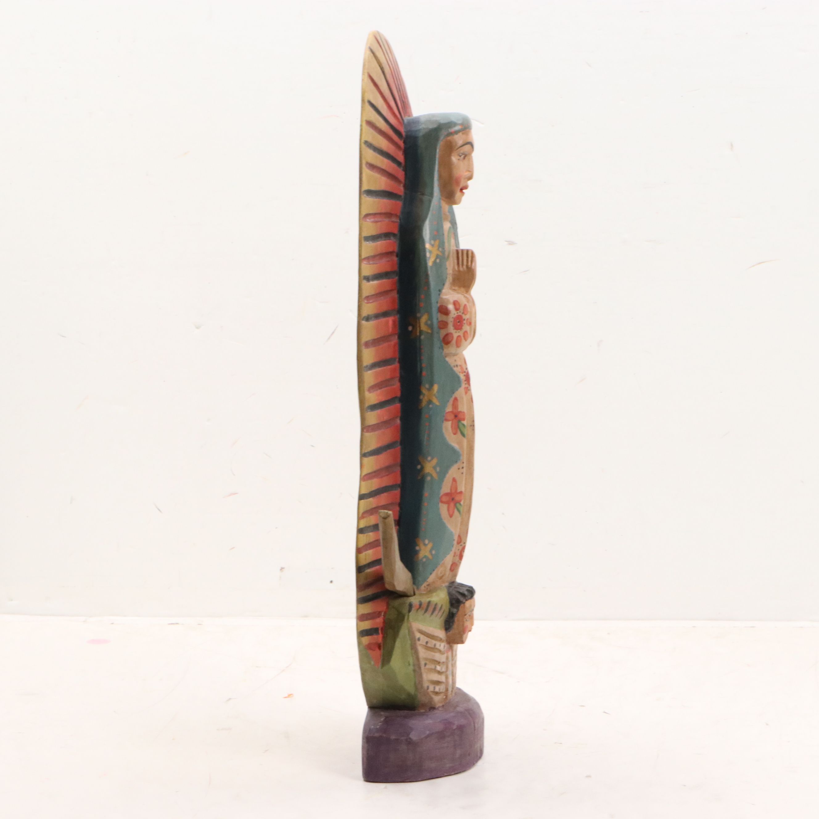 Mexican Folk Art Polychrome Carved Wood "Our Lady of Guadalupe"