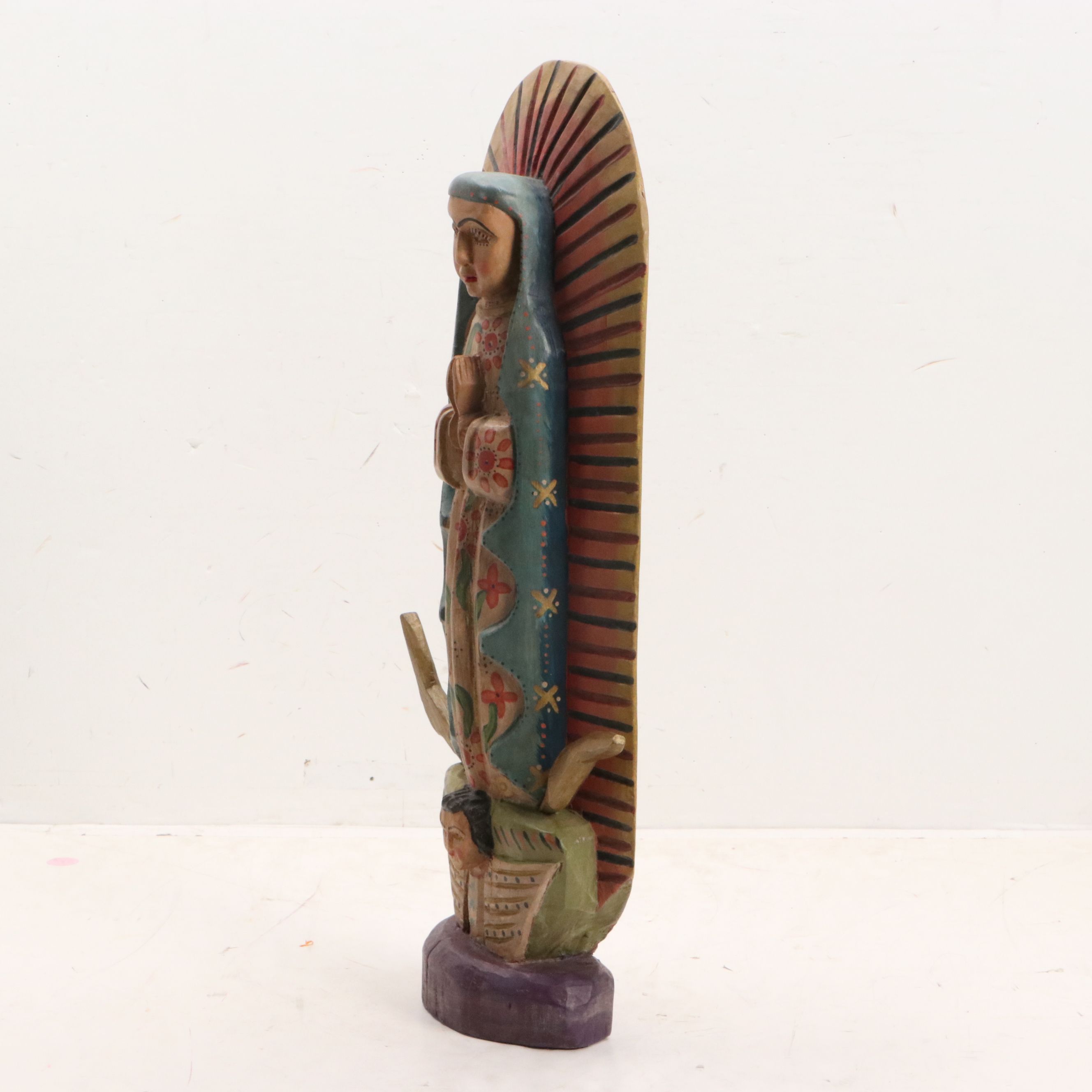 Mexican Folk Art Polychrome Carved Wood "Our Lady of Guadalupe"