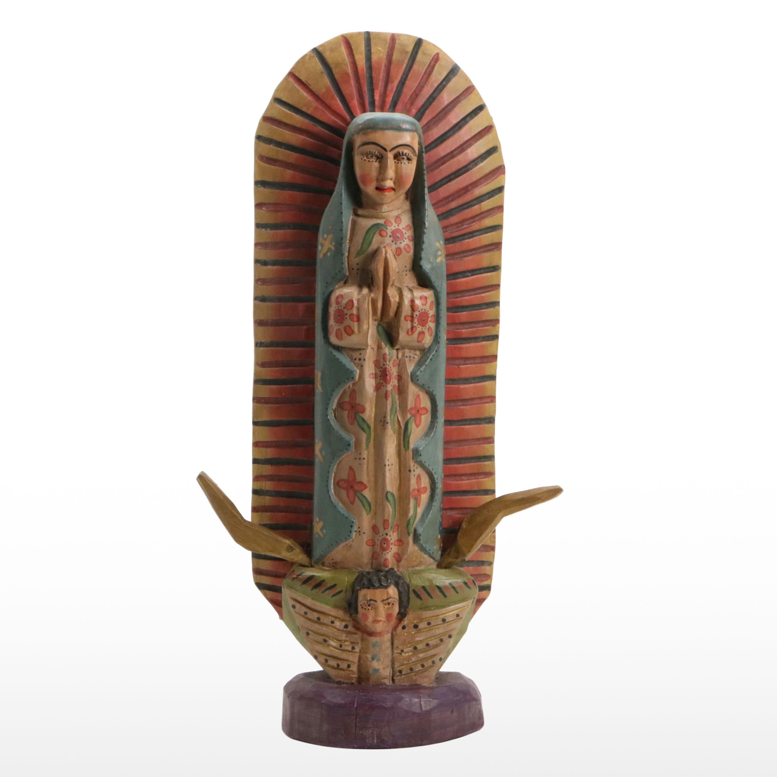 Mexican Folk Art Polychrome Carved Wood "Our Lady of Guadalupe"