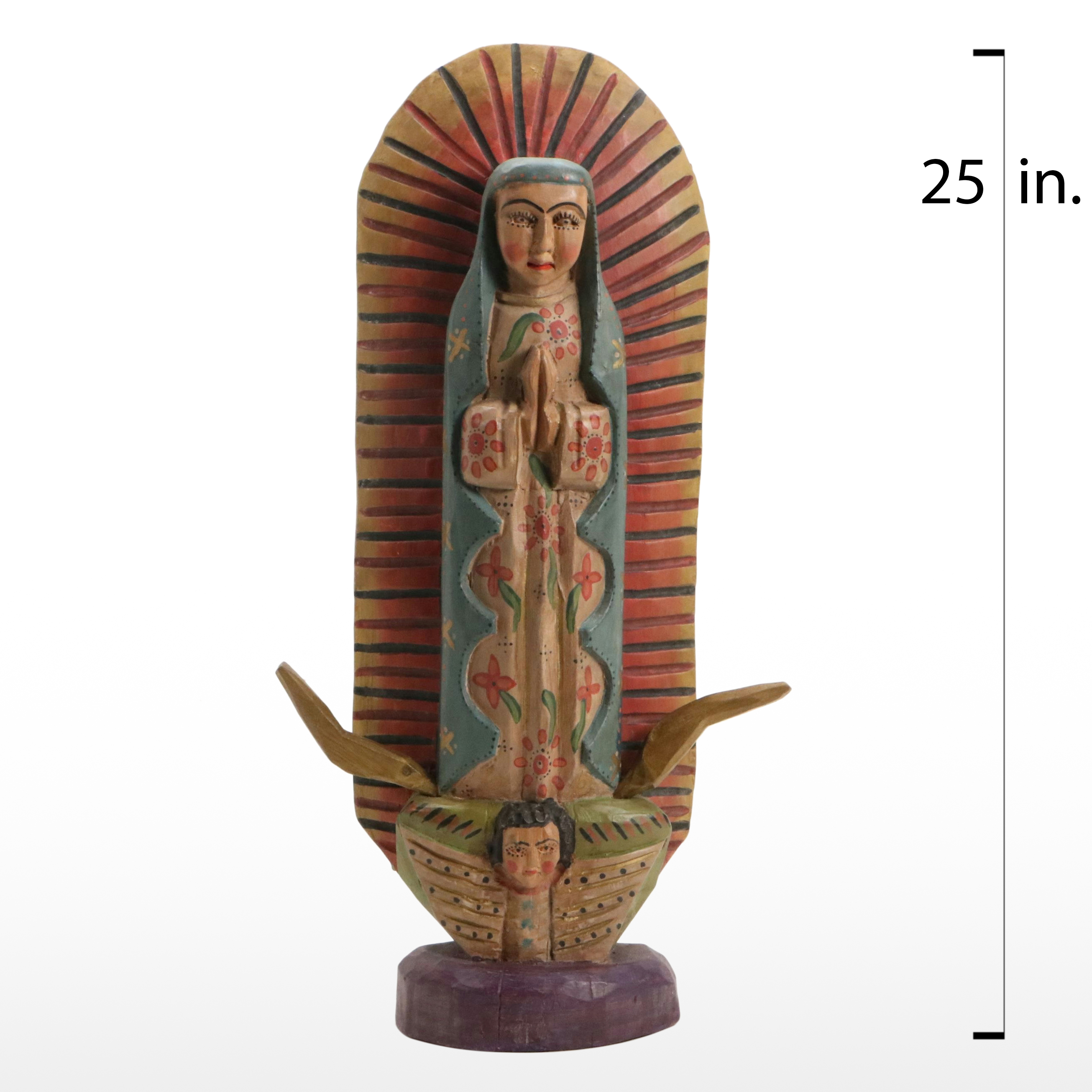 Mexican Folk Art Polychrome Carved Wood "Our Lady of Guadalupe"