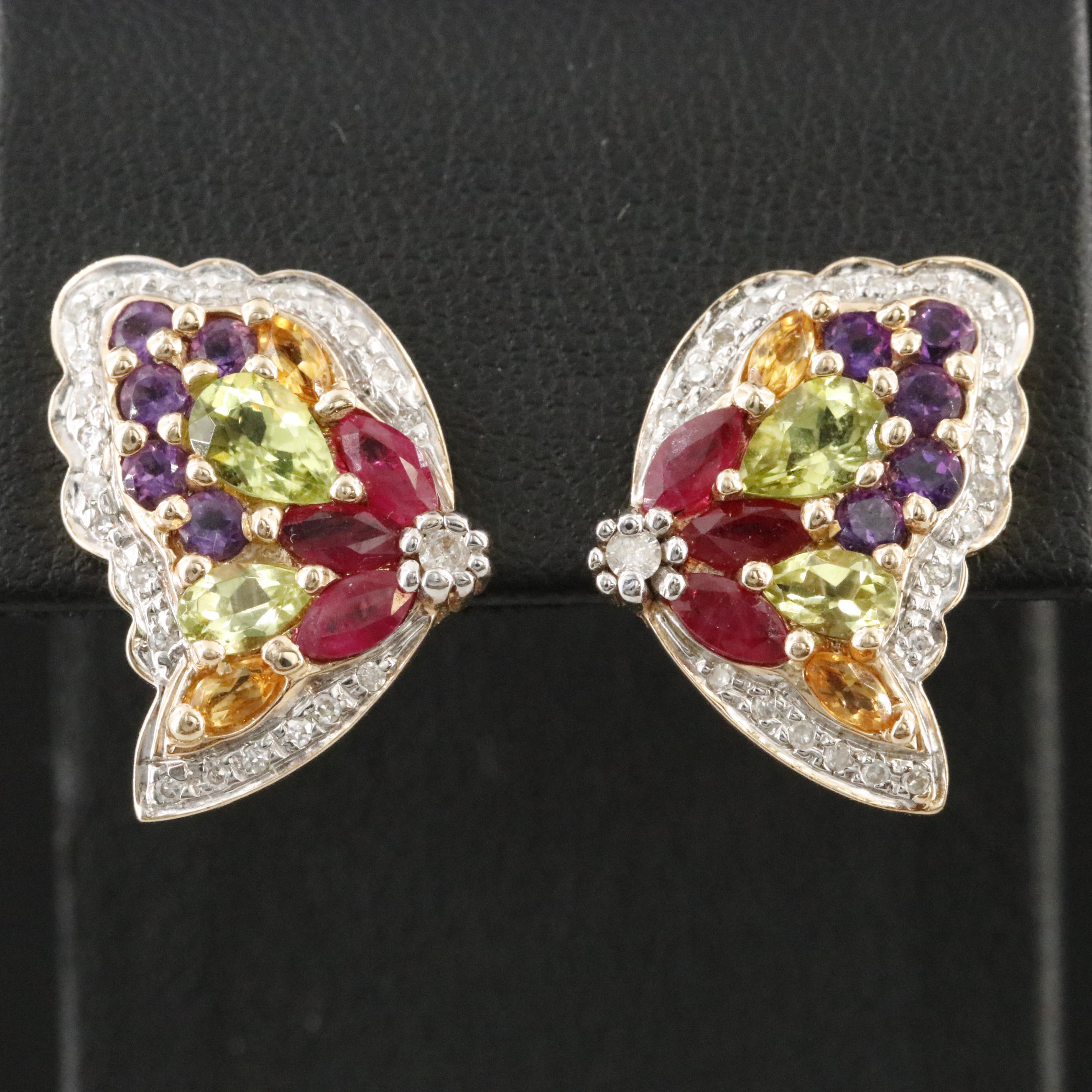 14K Ruby, Peridot, Citrine, Amethyst and Diamond Butterfly Wing Earrings