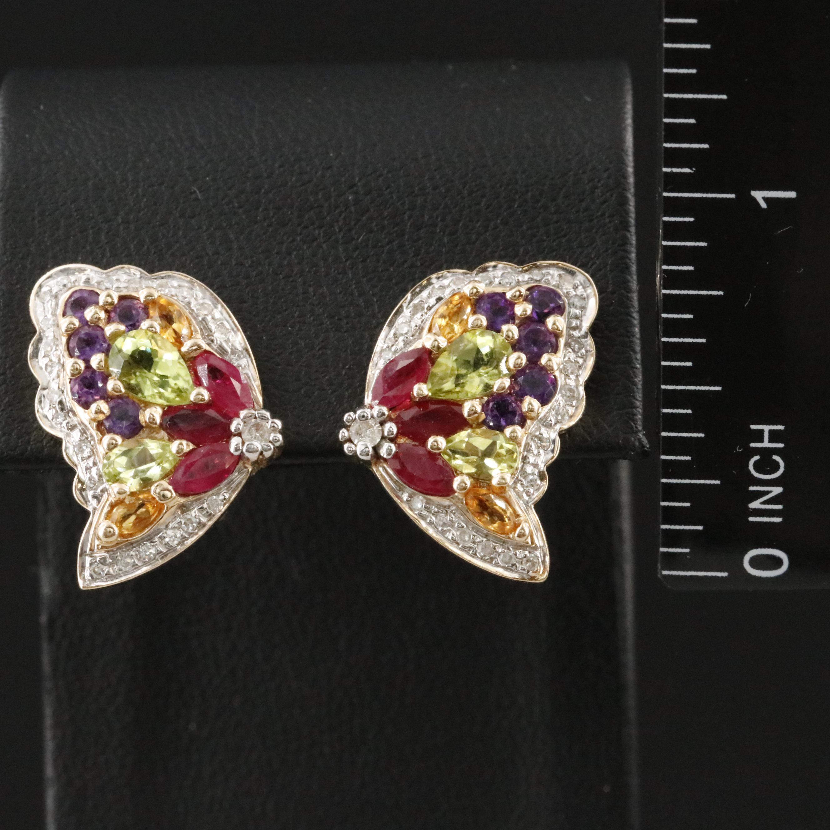 14K Ruby, Peridot, Citrine, Amethyst and Diamond Butterfly Wing Earrings