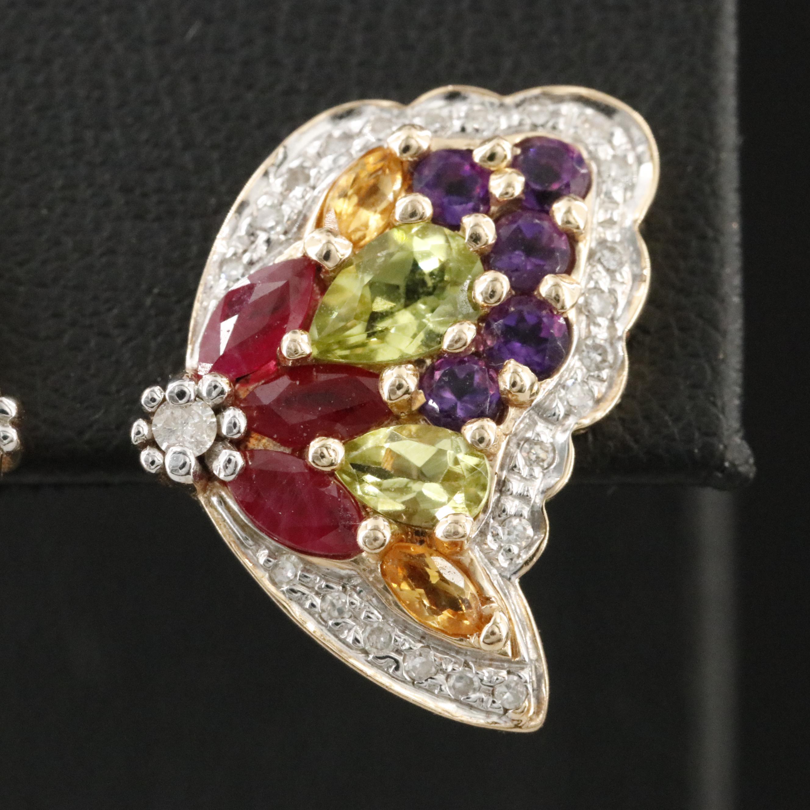 14K Ruby, Peridot, Citrine, Amethyst and Diamond Butterfly Wing Earrings