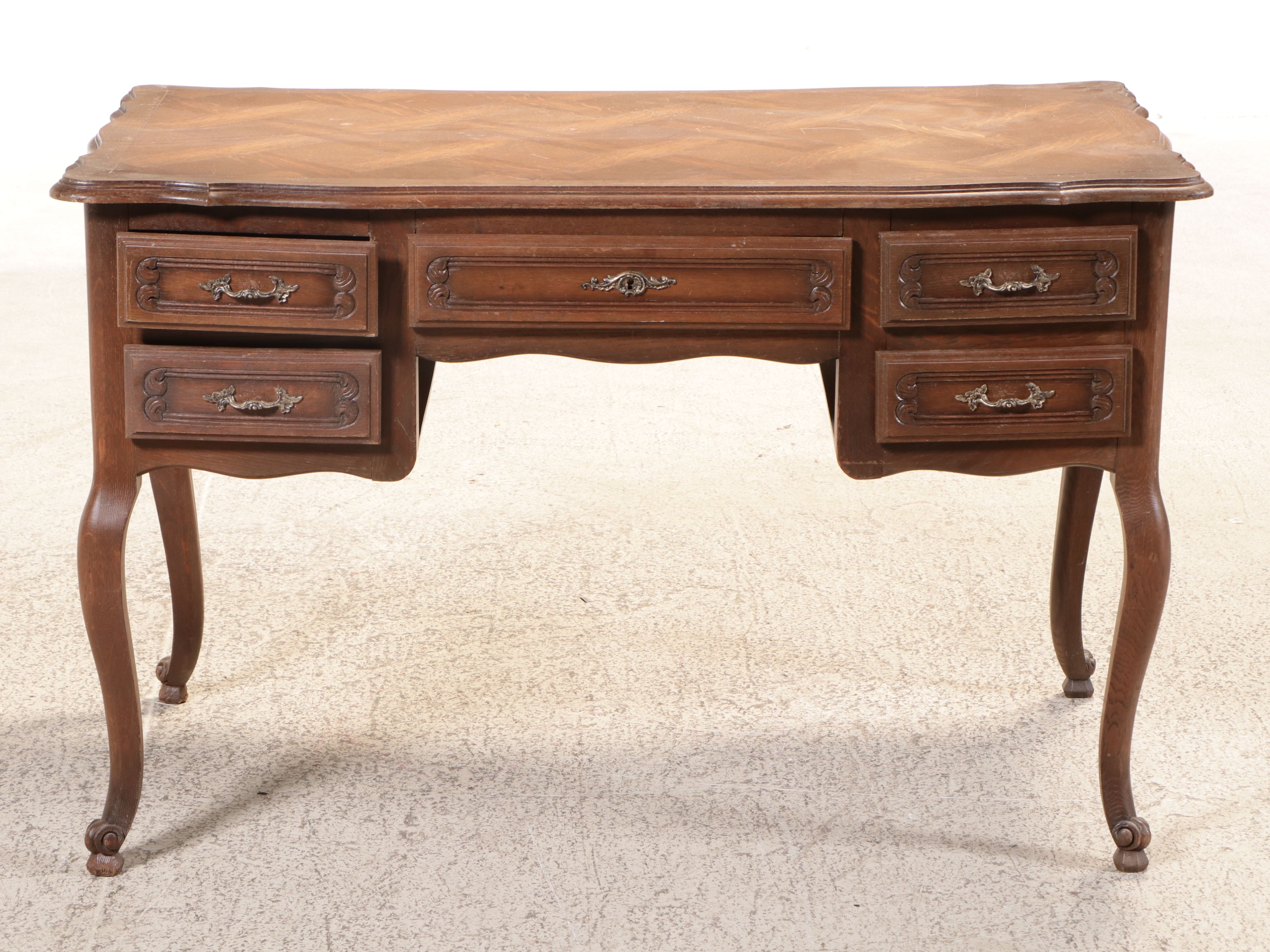 Louis XV Style Carved Oak and Parquetry Bureau Plat