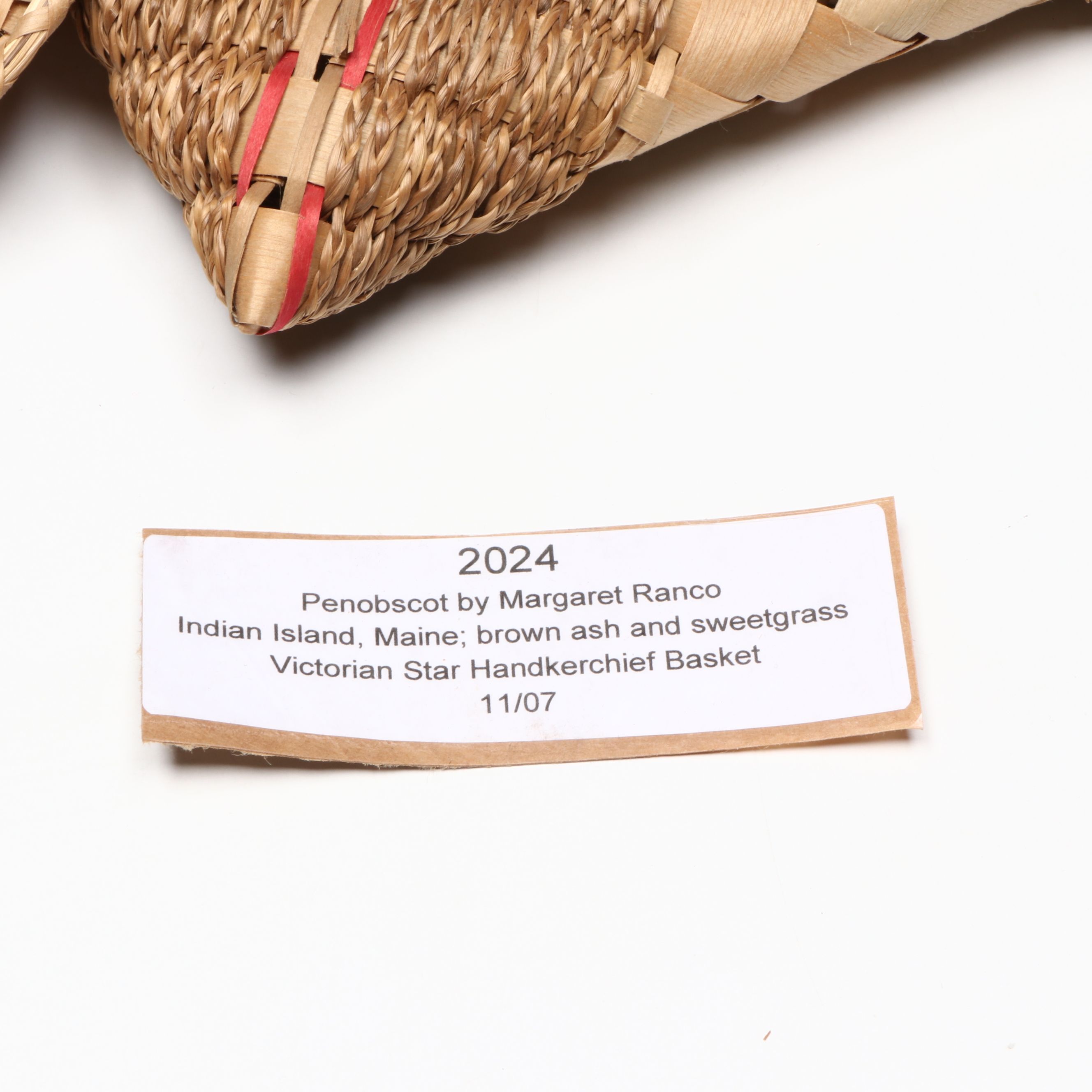 Margaret Ranco Penobscot Brown Ash and Sweetgrass Handkerchief Basket