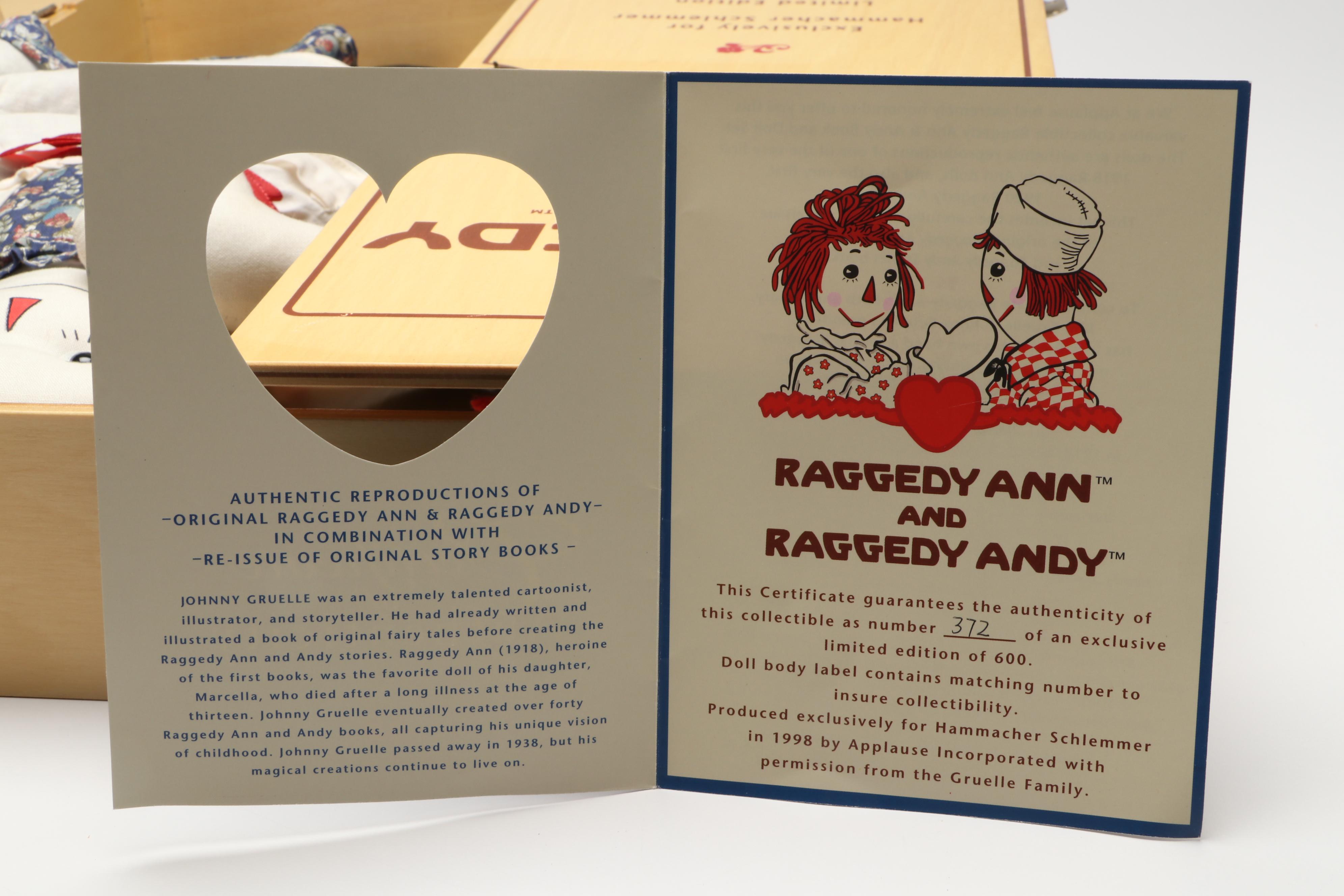 Reproduction Volland Raggedy Ann and Andy Dolls with Johnny Gruelle Books