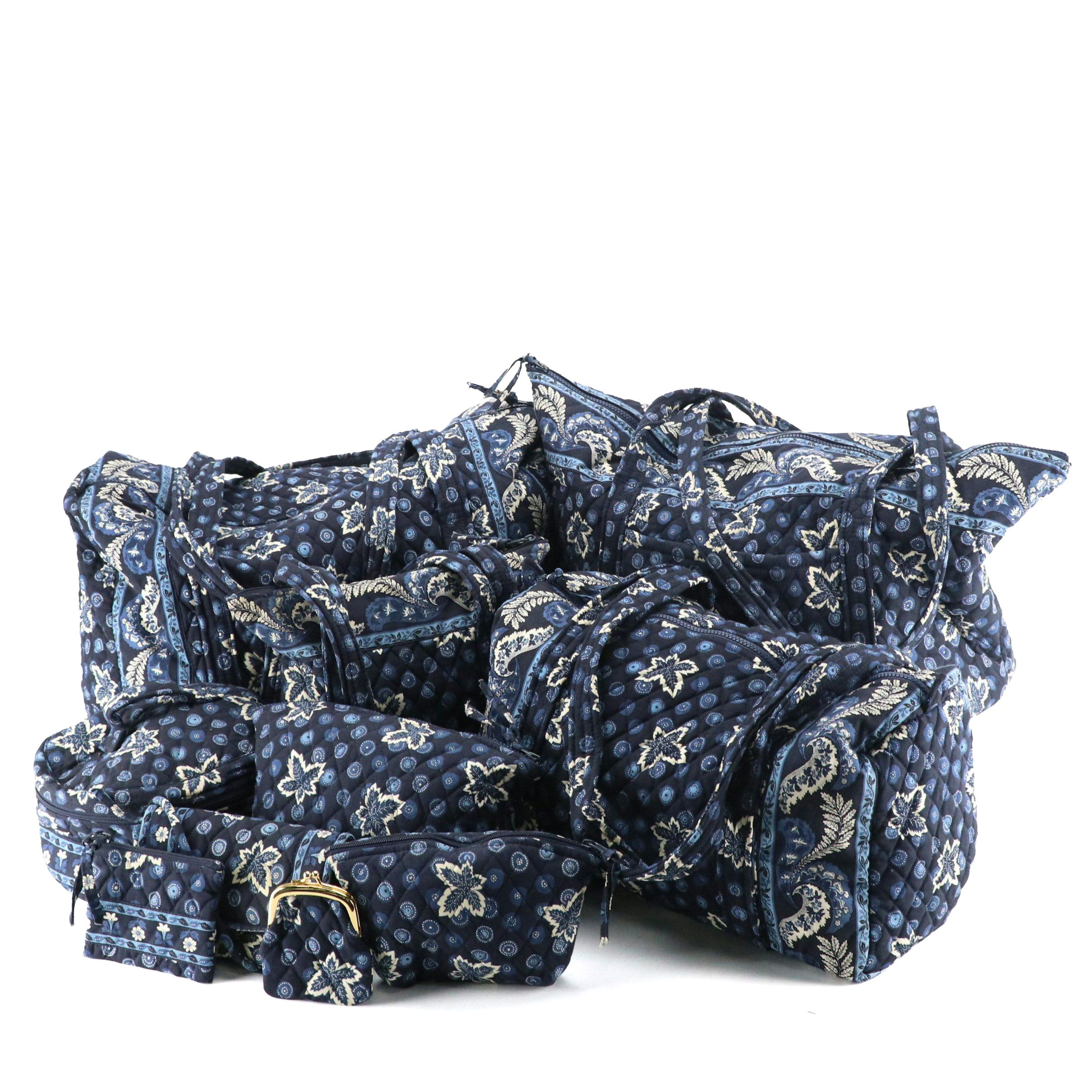 Vera Bradley Blue Coin Leaf Pattern Quilted Cotton Travel Bag Collection