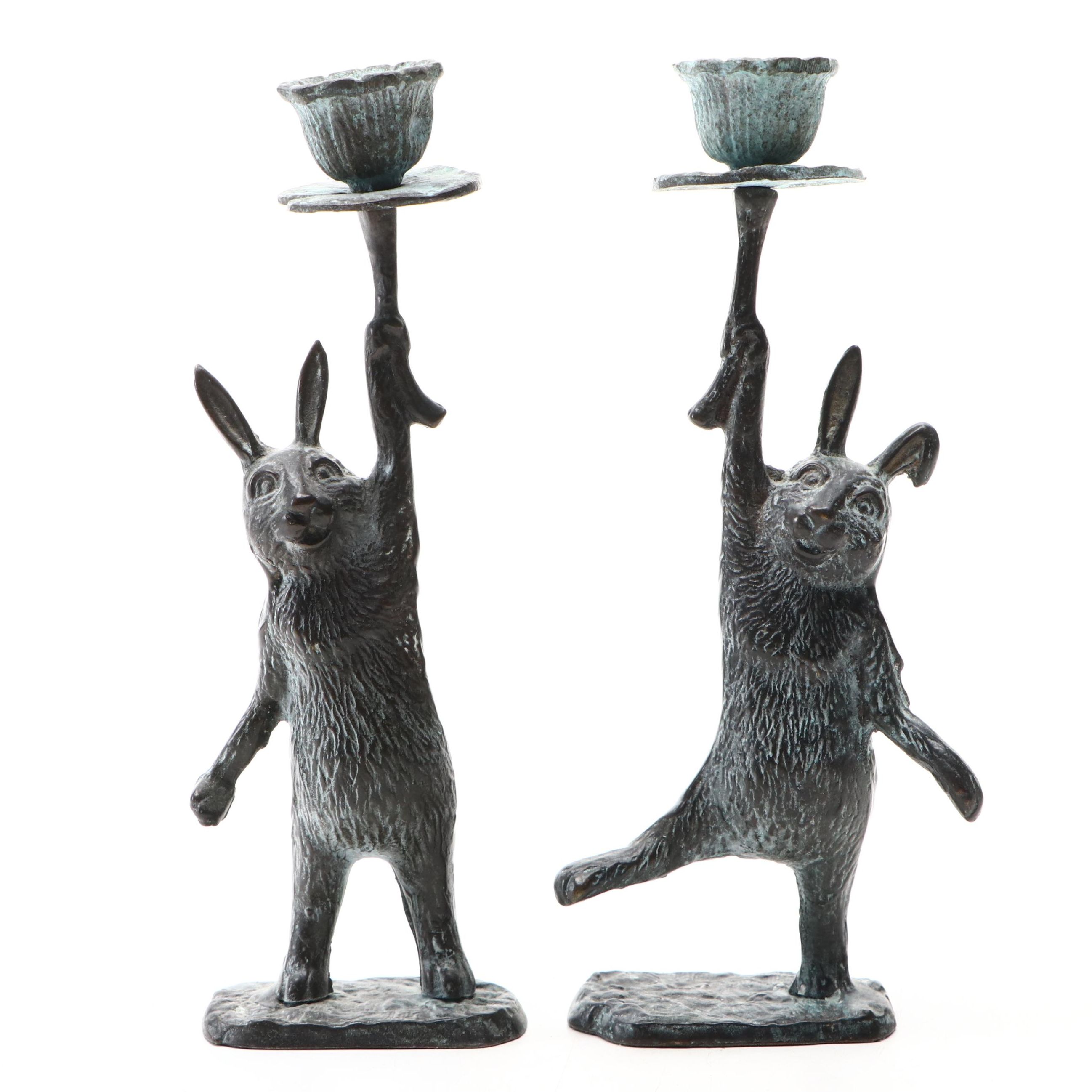 Andrea by Sadek Verdigris Metal Rabbit Candlesticks Pair