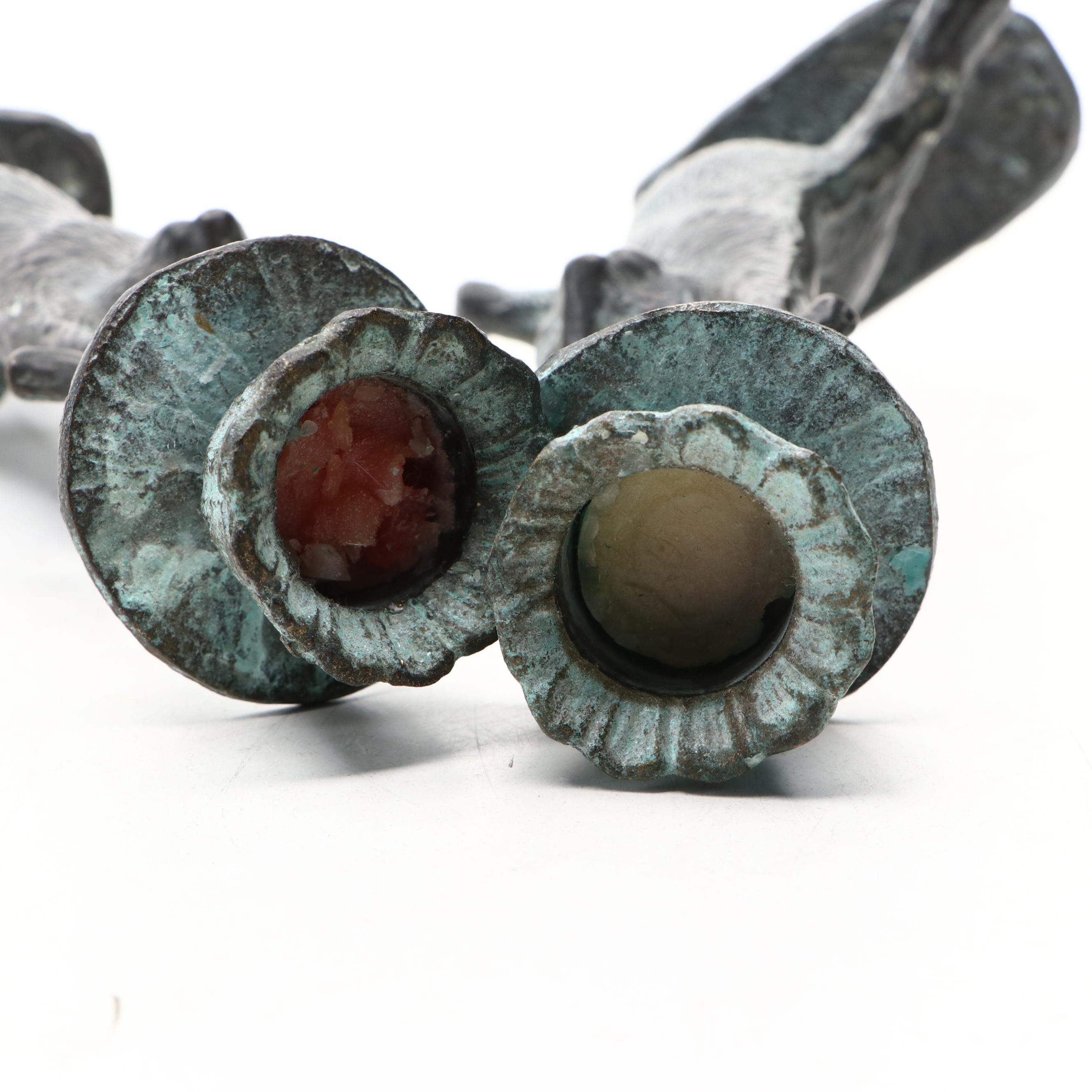 Andrea by Sadek Verdigris Metal Rabbit Candlesticks Pair