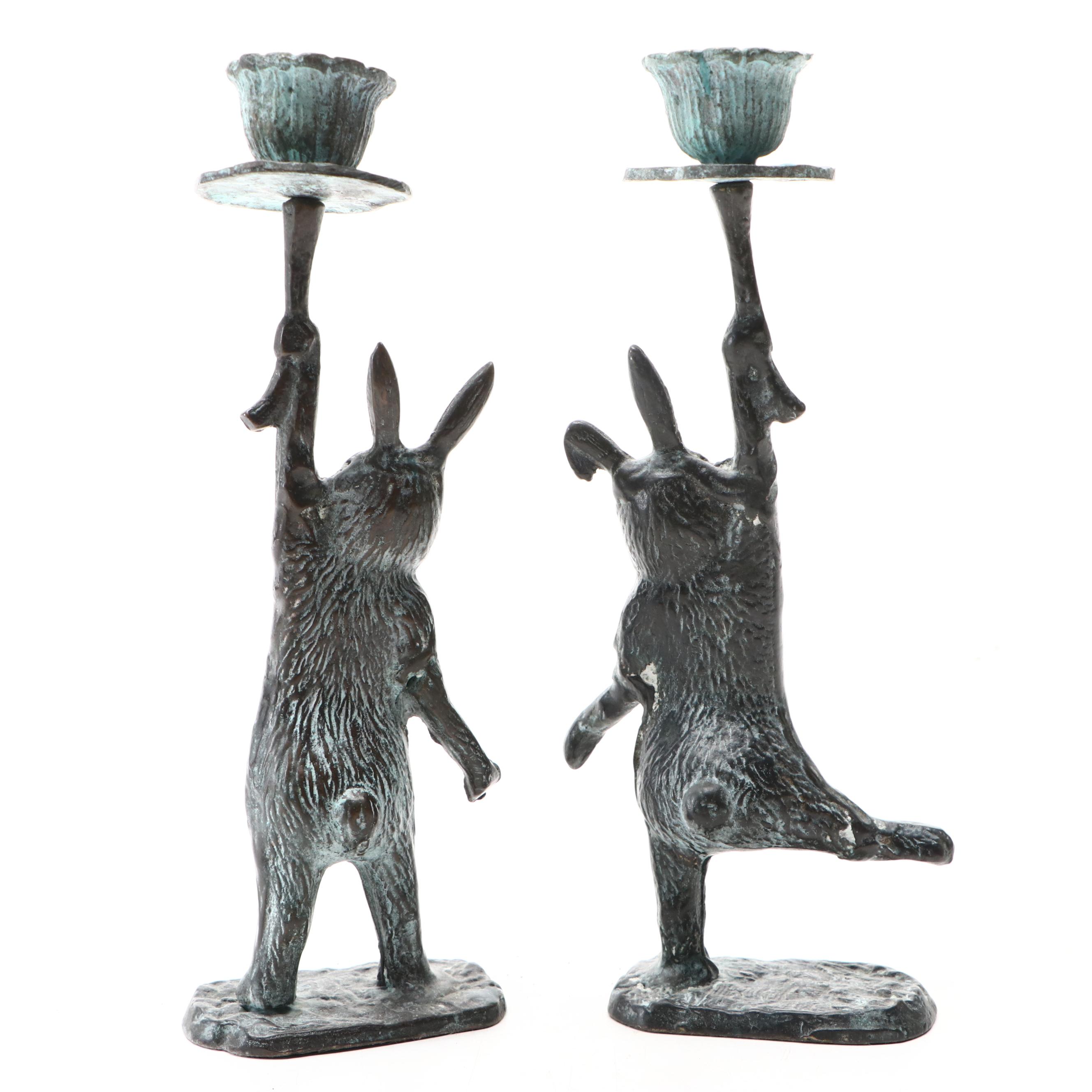 Andrea by Sadek Verdigris Metal Rabbit Candlesticks Pair