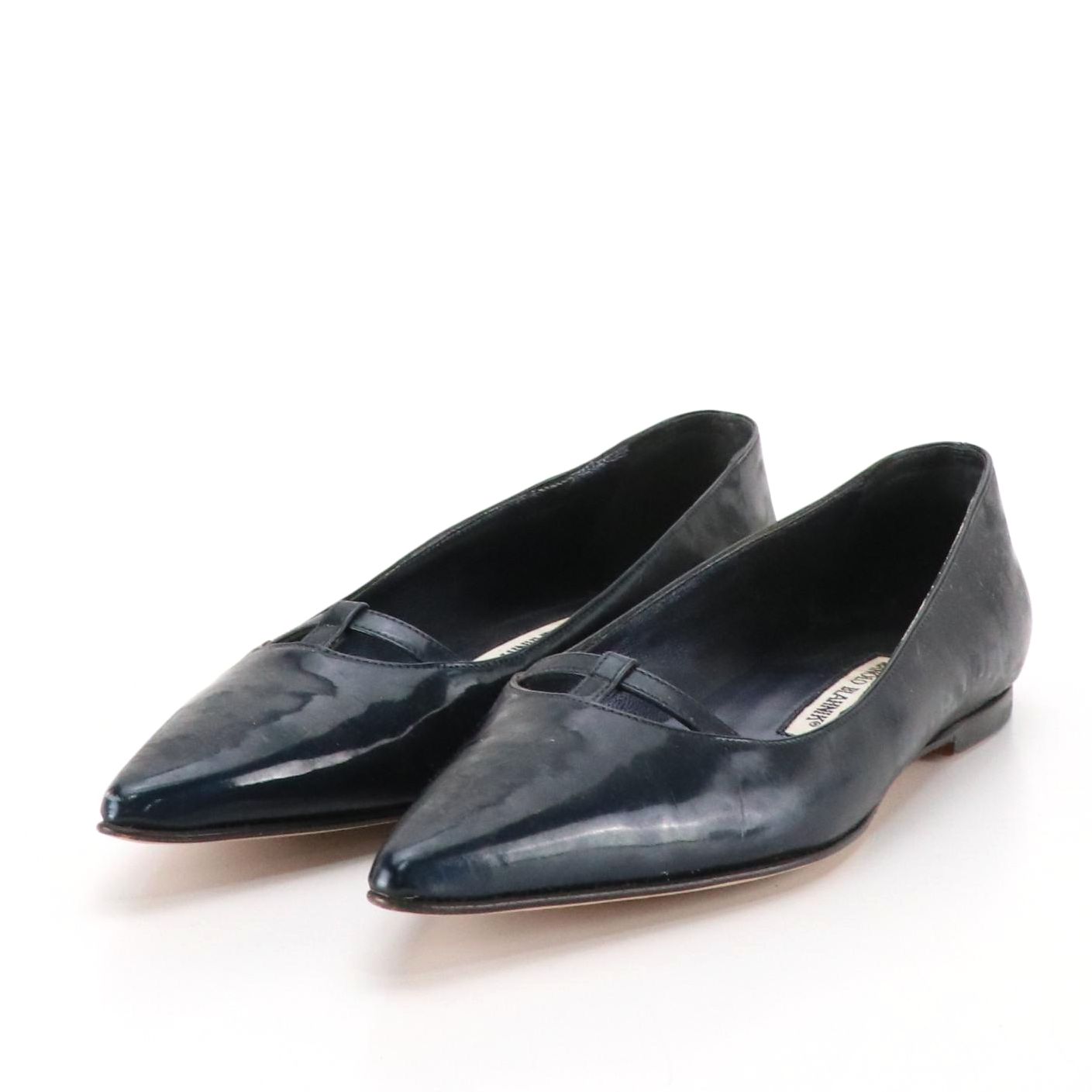 Manolo Blahnik Metallic Blue Patent Leather Pointed-Toe Flats in Box