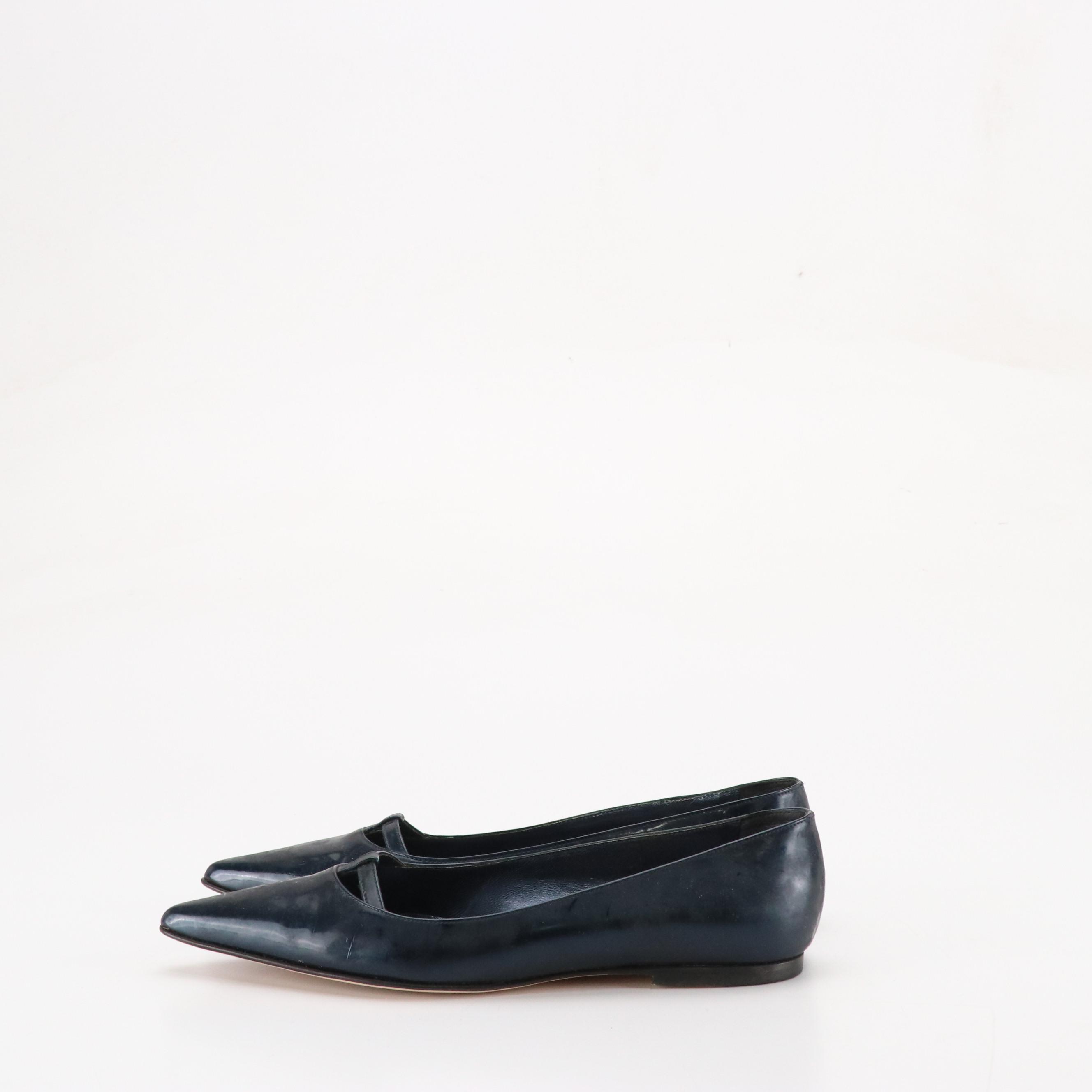 Manolo Blahnik Metallic Blue Patent Leather Pointed-Toe Flats in Box