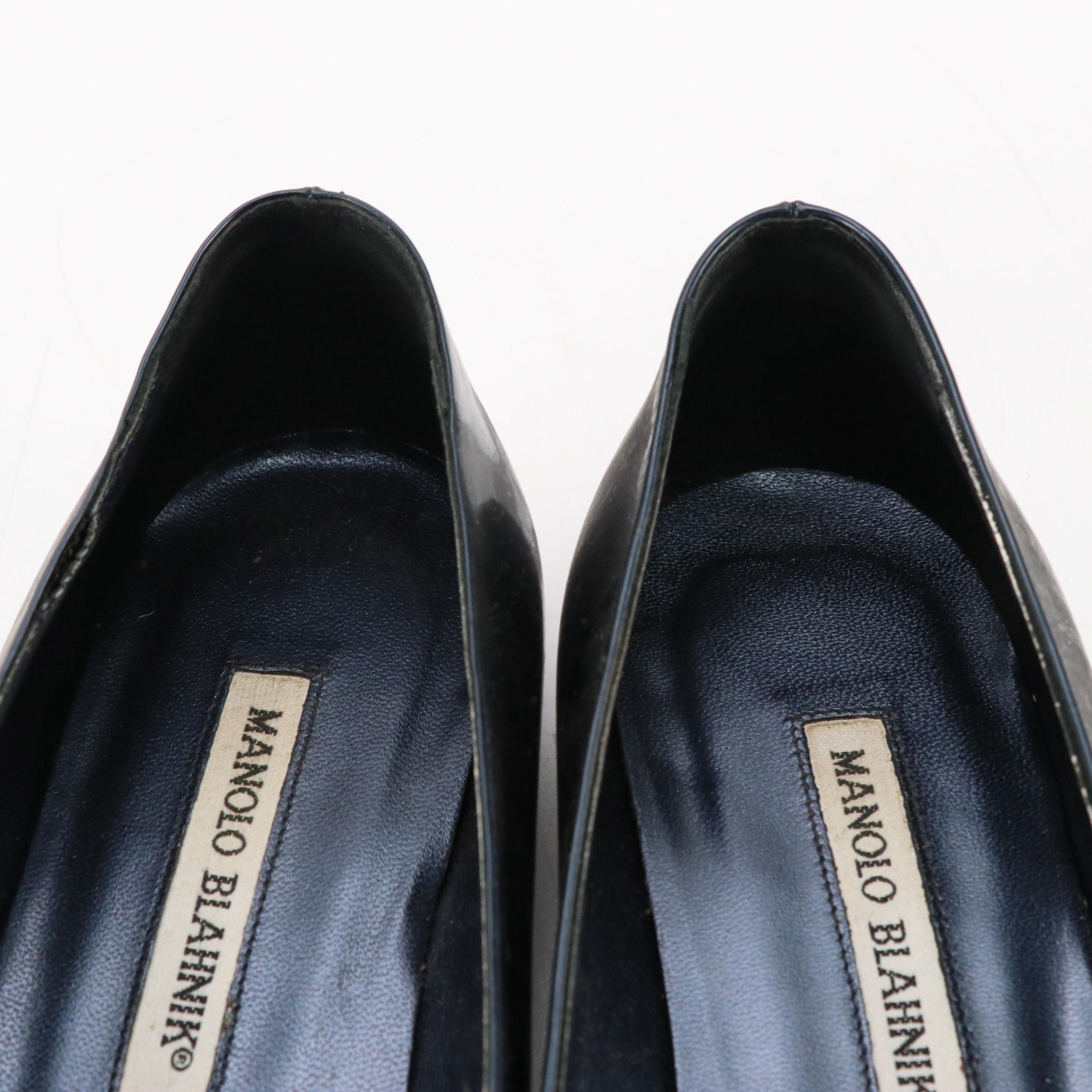 Manolo Blahnik Metallic Blue Patent Leather Pointed-Toe Flats in Box