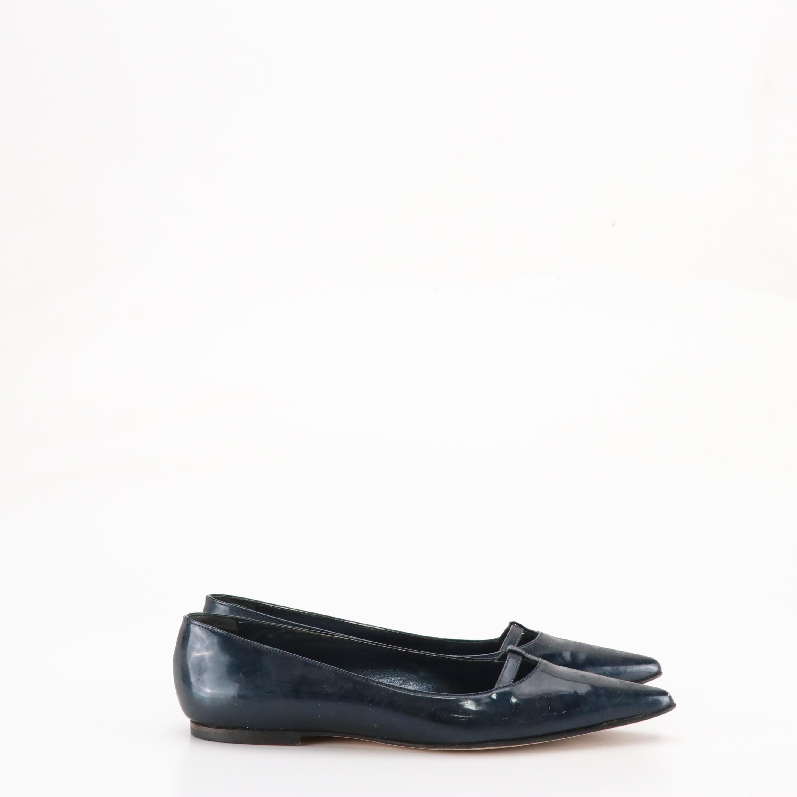 Manolo Blahnik Metallic Blue Patent Leather Pointed-Toe Flats in Box