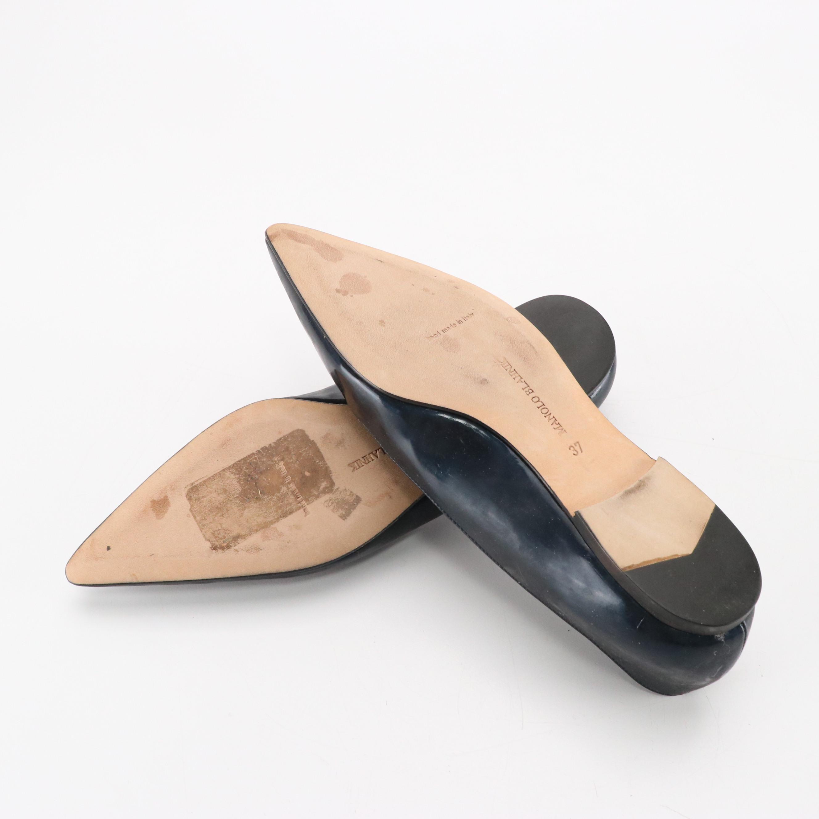 Manolo Blahnik Metallic Blue Patent Leather Pointed-Toe Flats in Box