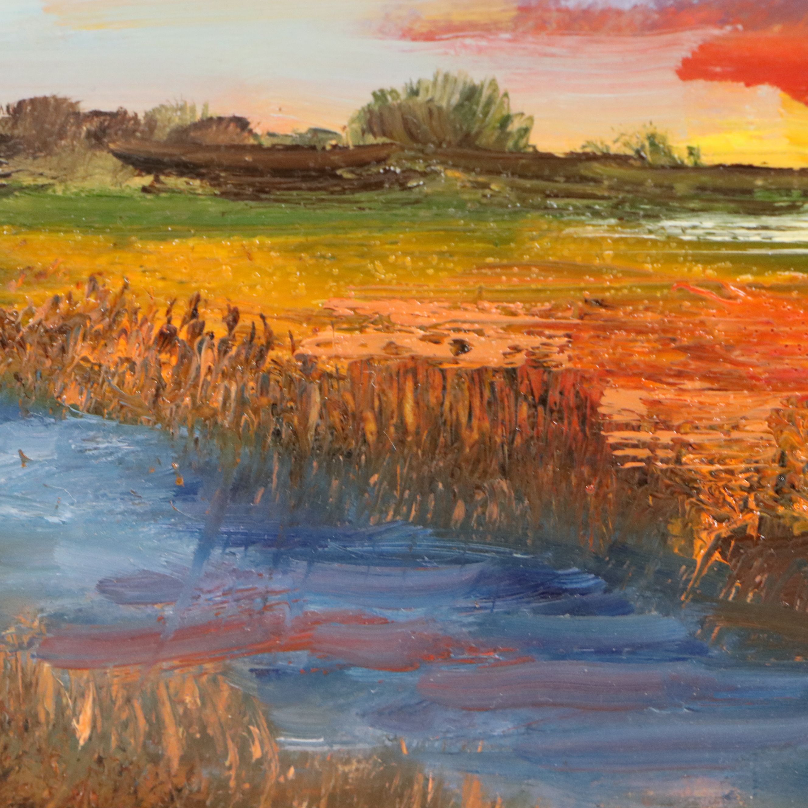 Natalia Demenko Oil Painting of Sunset Marsh Landscape, 21st Century