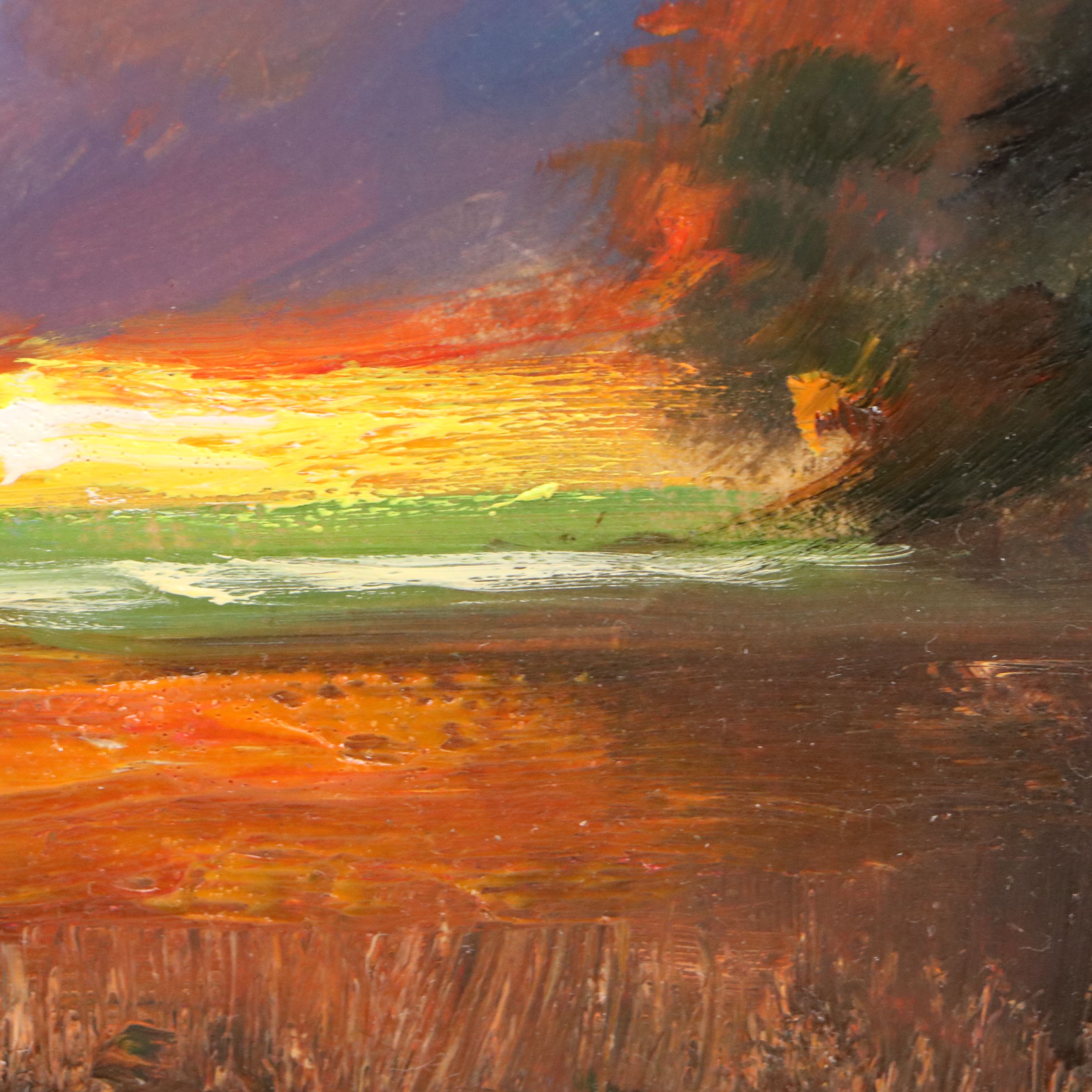 Natalia Demenko Oil Painting of Sunset Marsh Landscape, 21st Century