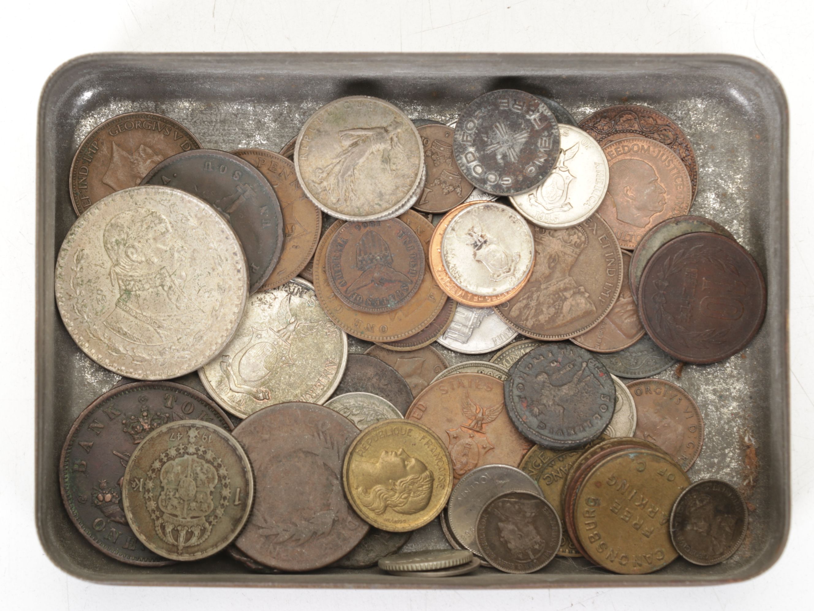 1960s Wooden Nickels with Bus Tokens, La Palina Cigar Box & International Coins
