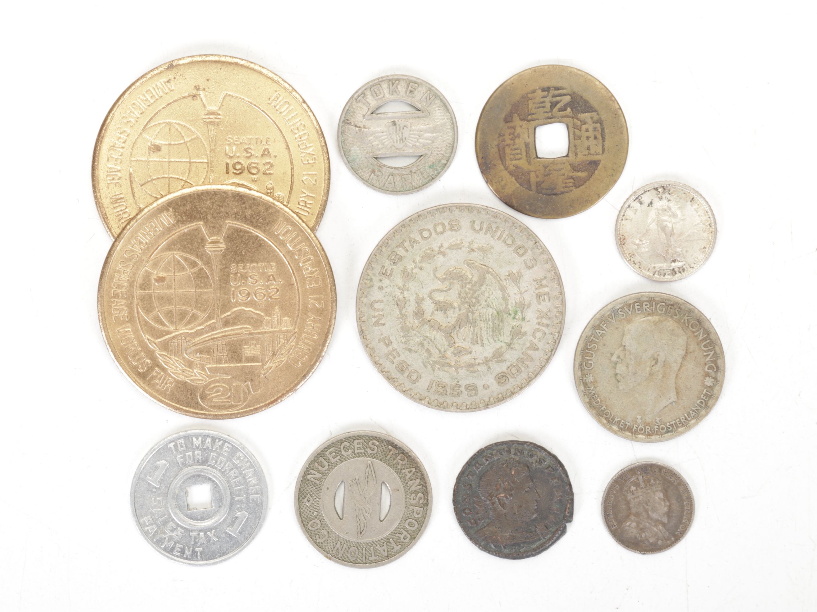 1960s Wooden Nickels with Bus Tokens, La Palina Cigar Box & International Coins