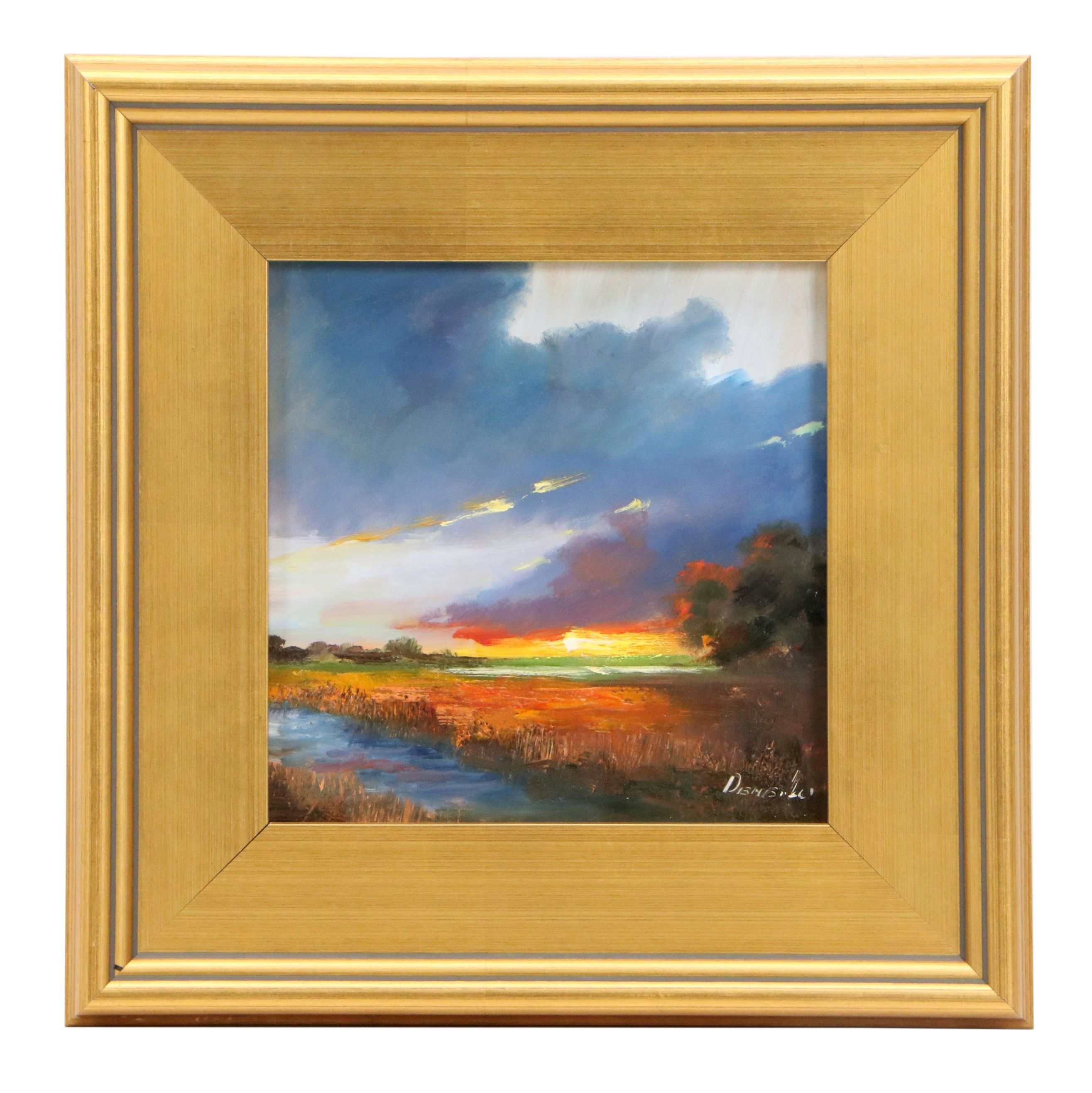 Natalia Demenko Oil Painting of Sunset Marsh Landscape, 21st Century