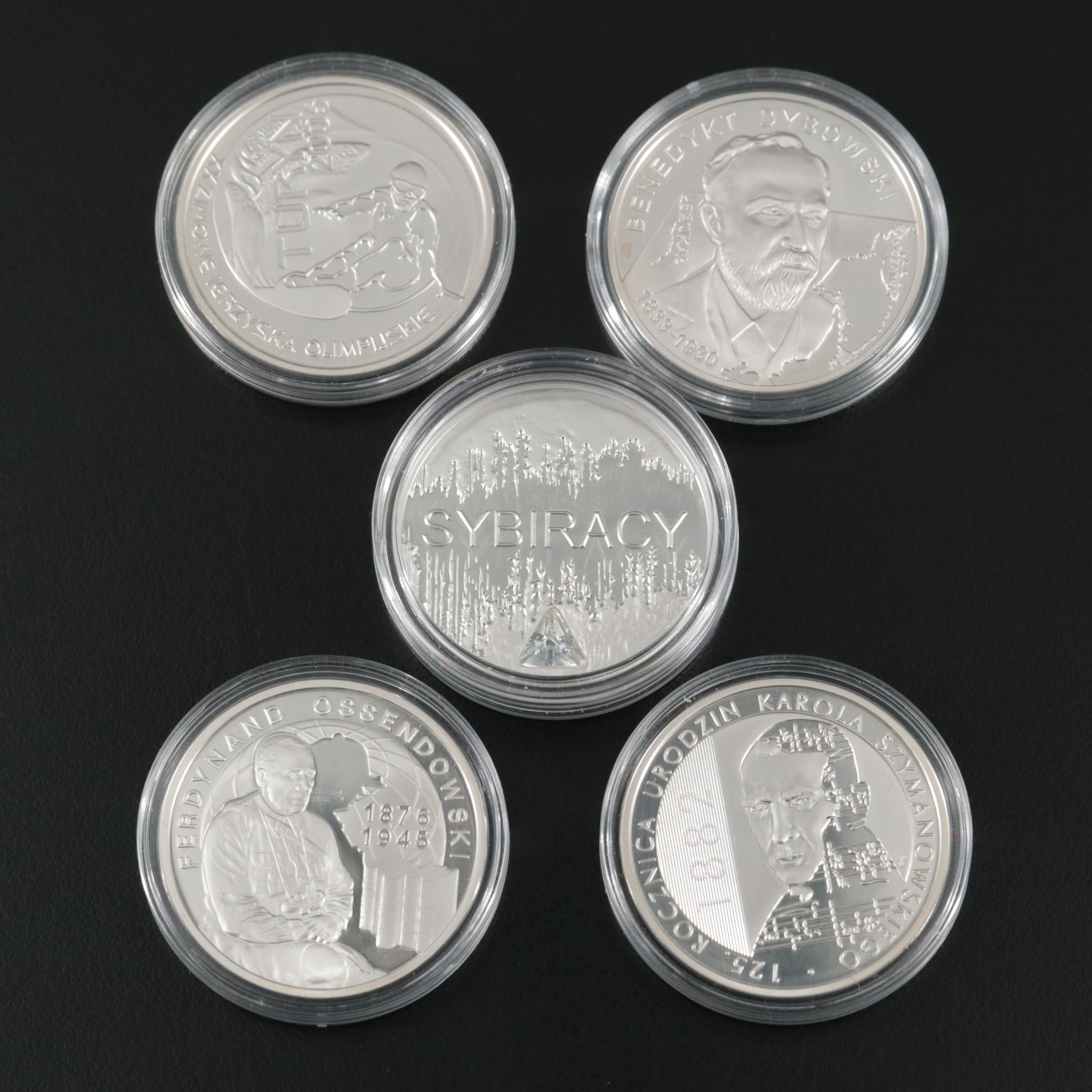 Five Different Poland Modern Commemorative Silver 10 Zt Coins