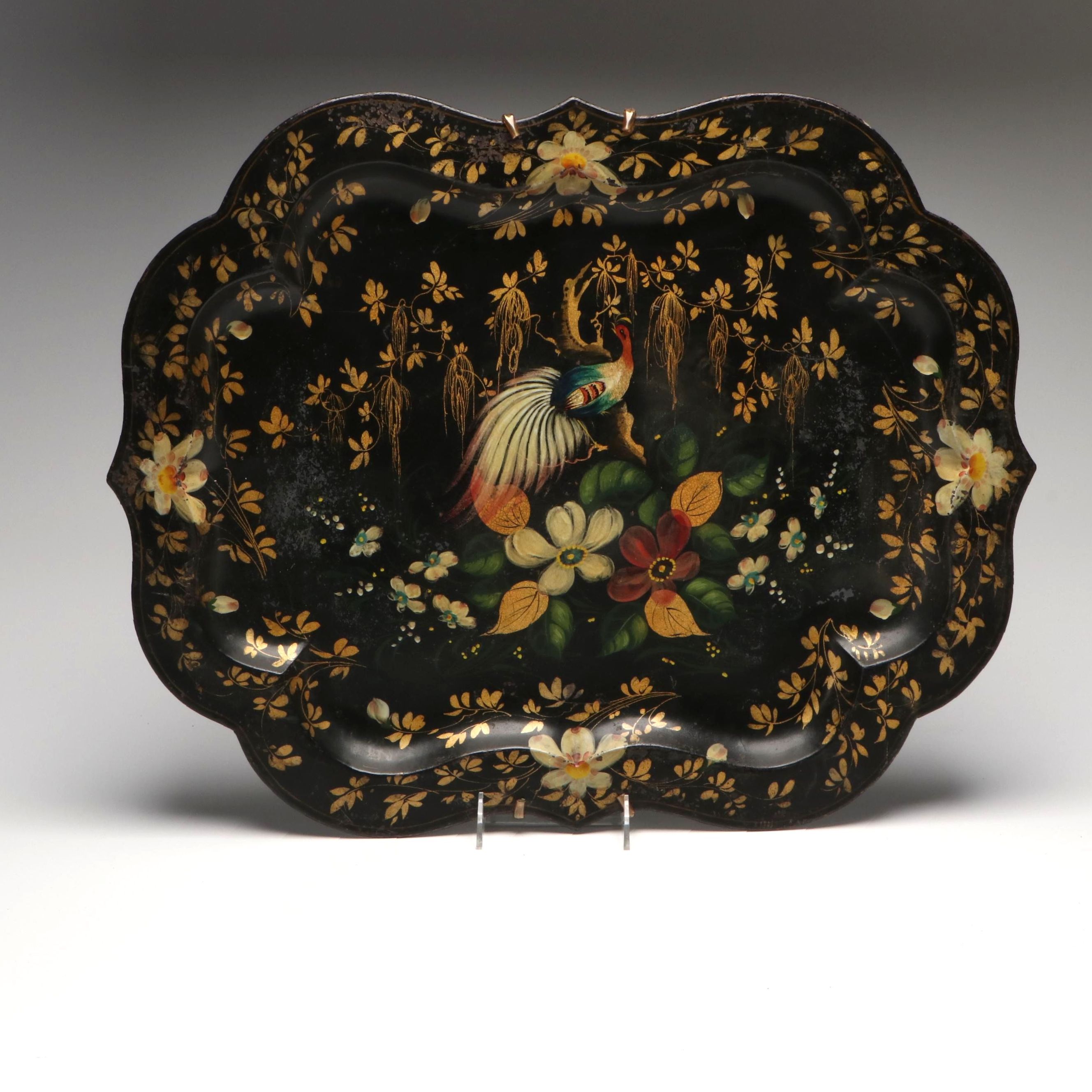 Hand-Painted Toleware Peacock Tray with Hanging Hardware