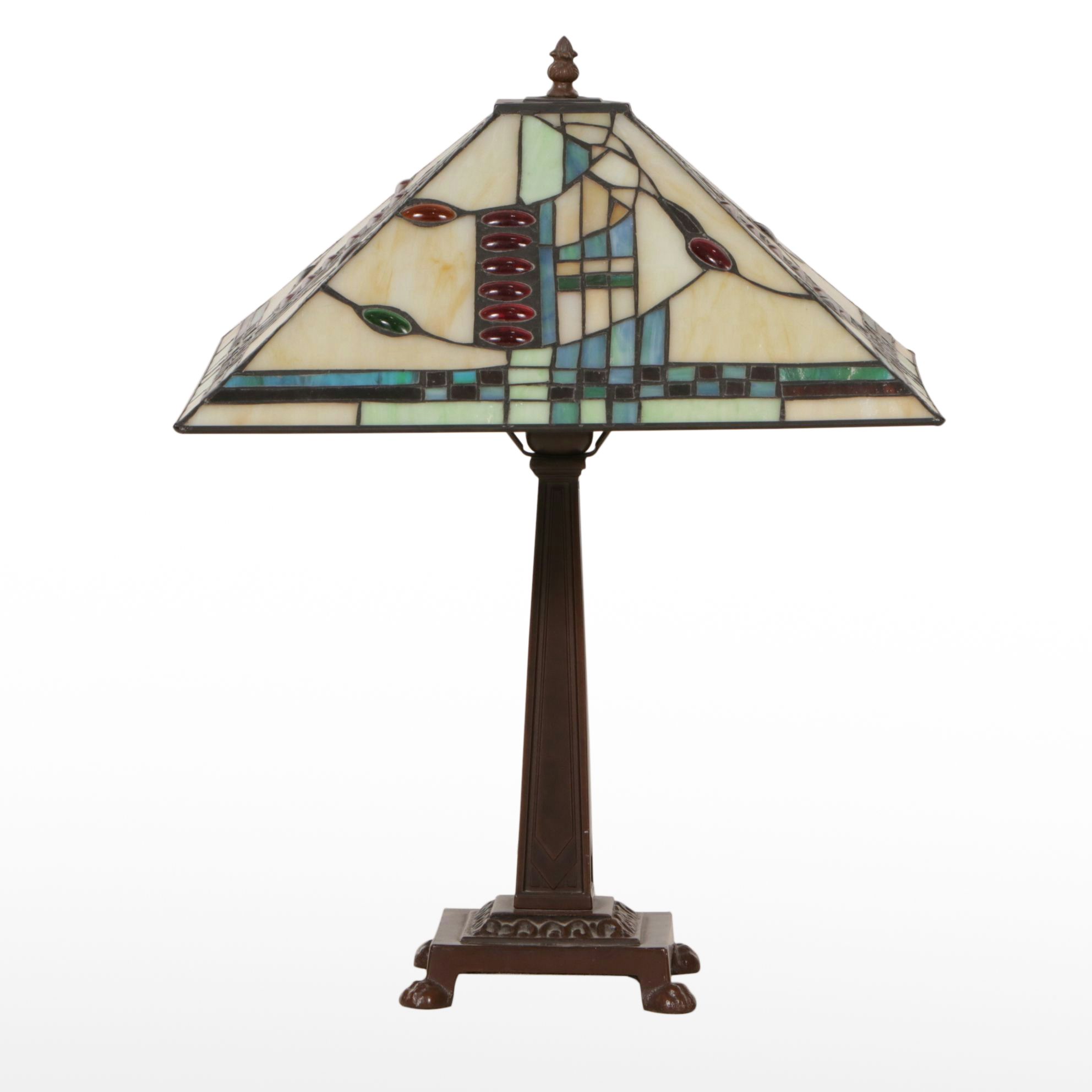 Arts and Crafts Style Table Lamp with Mackintosh Square Slag Glass Shade