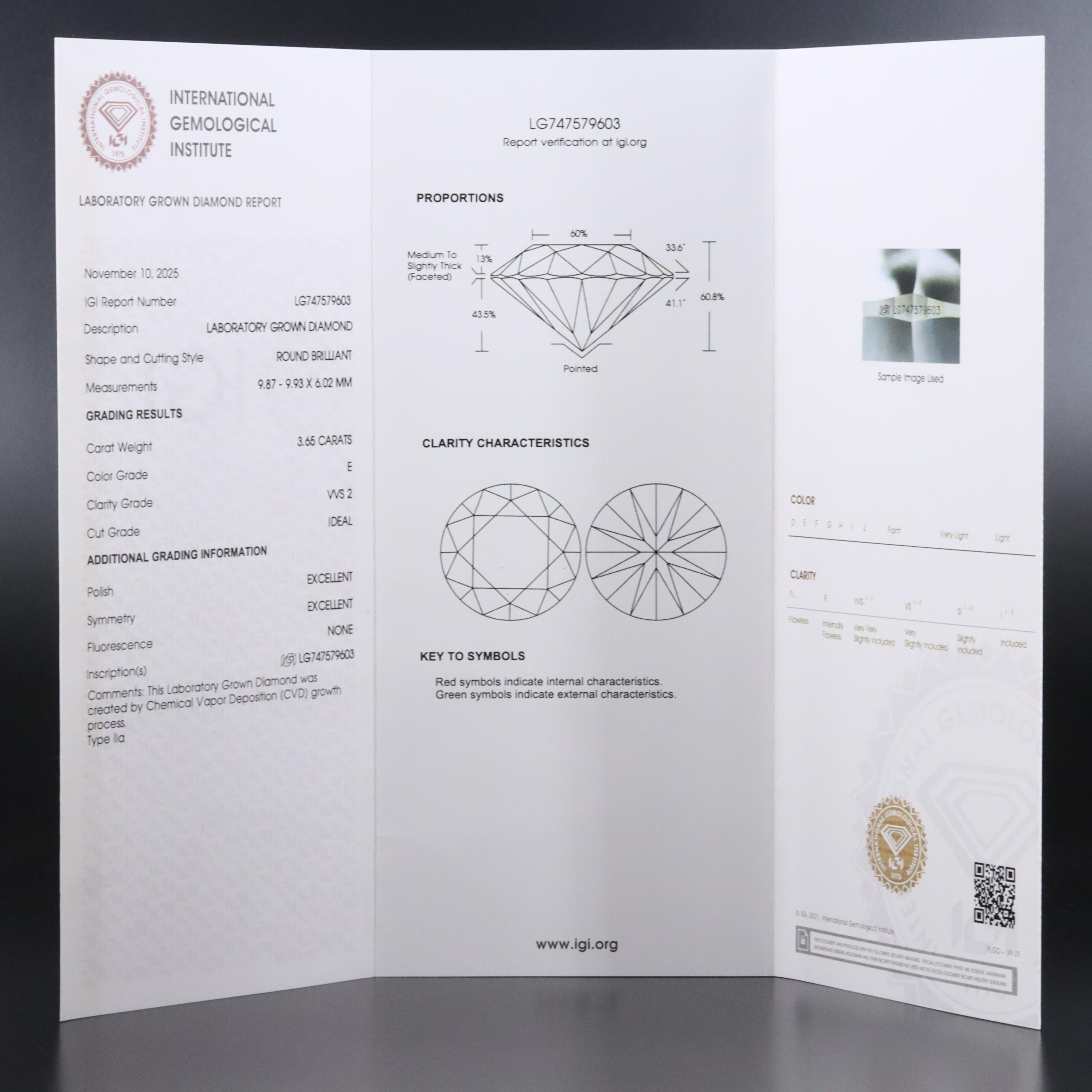 Loose 3.65 CT Lab Grown Diamond with IGI Report