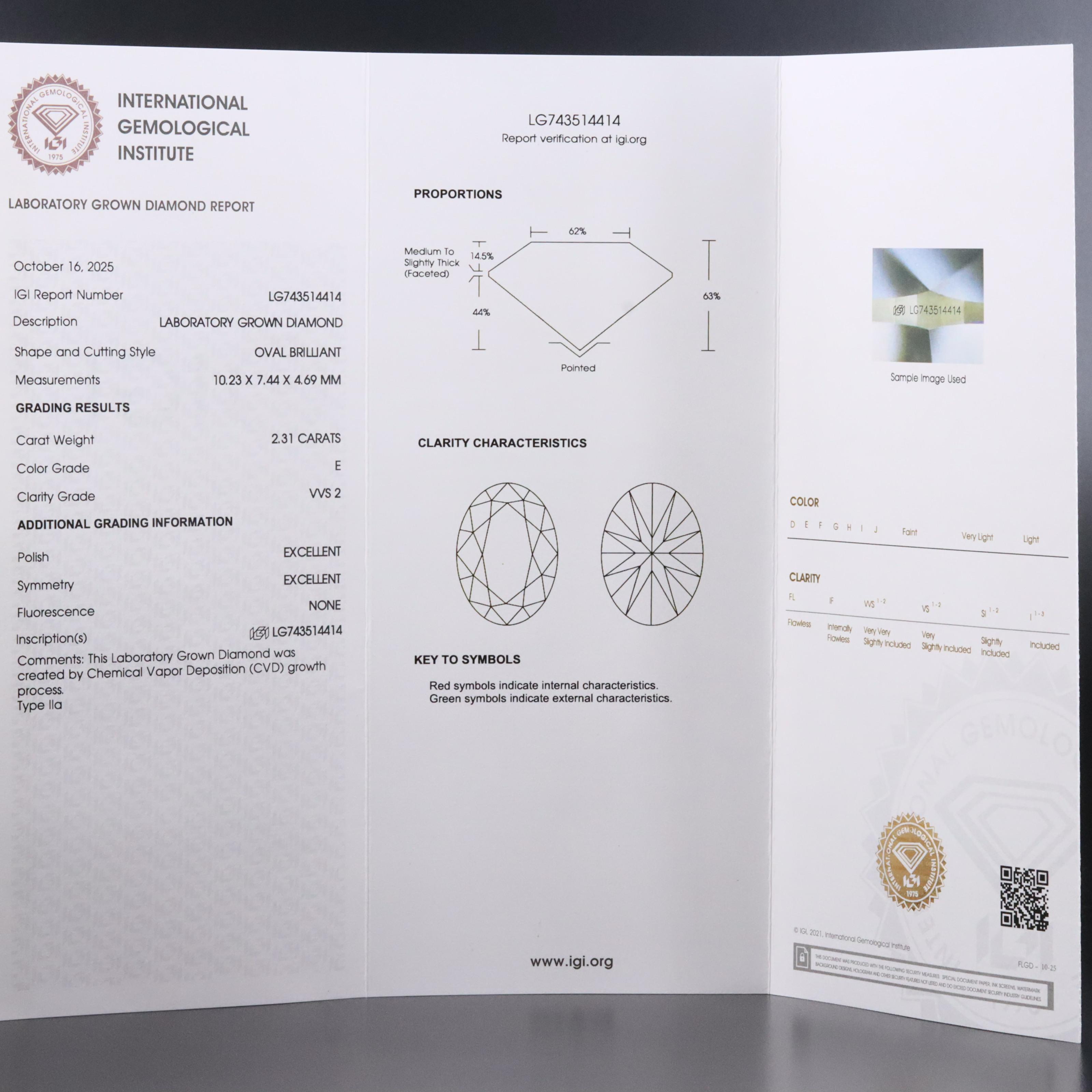 Loose 2.31 CT Lab Grown Diamond with IGI Report