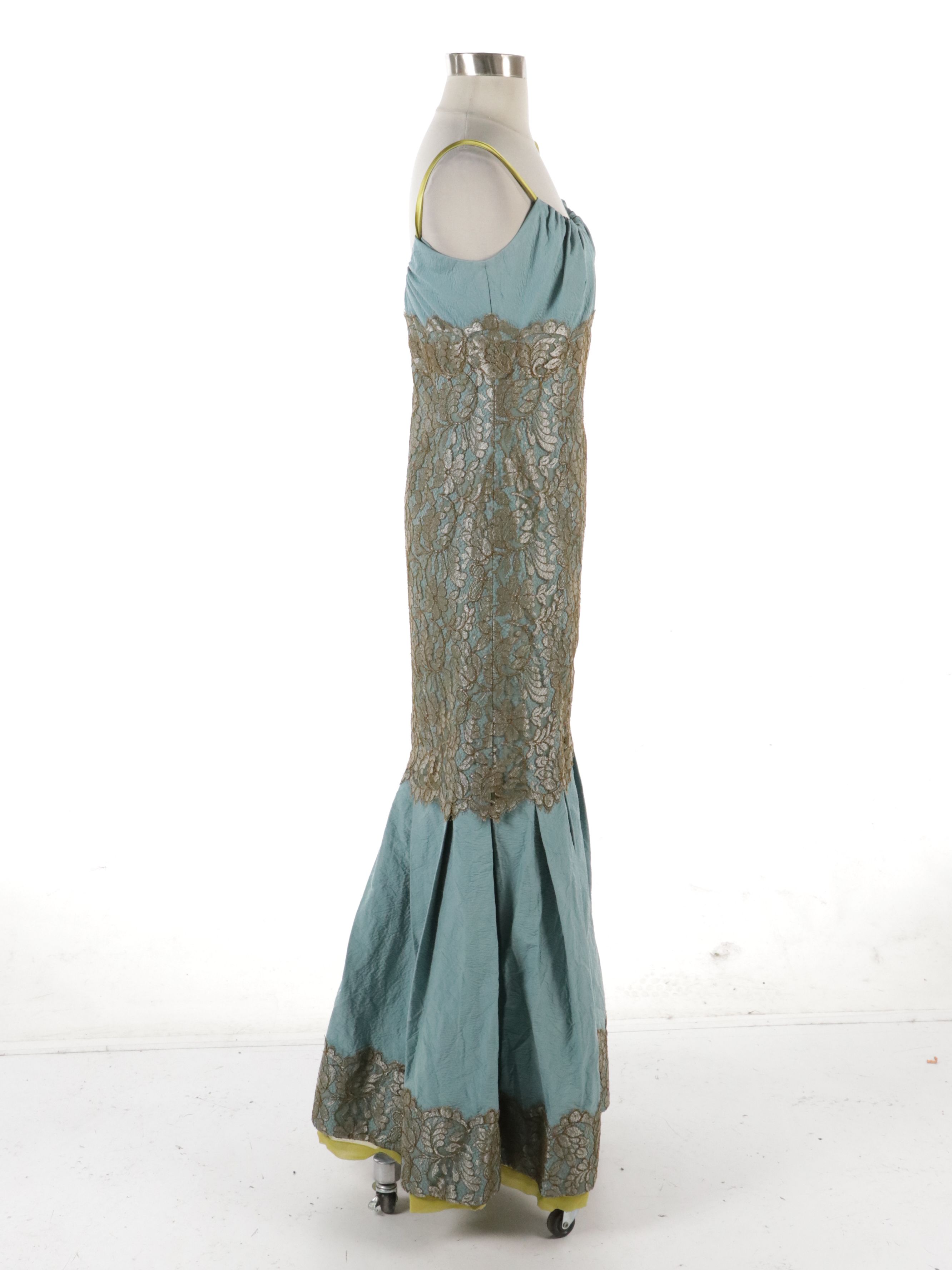 Lela Rose Teal Blue Crinkle Silk Blend Gown with Shimmery Olive Lace Overlay