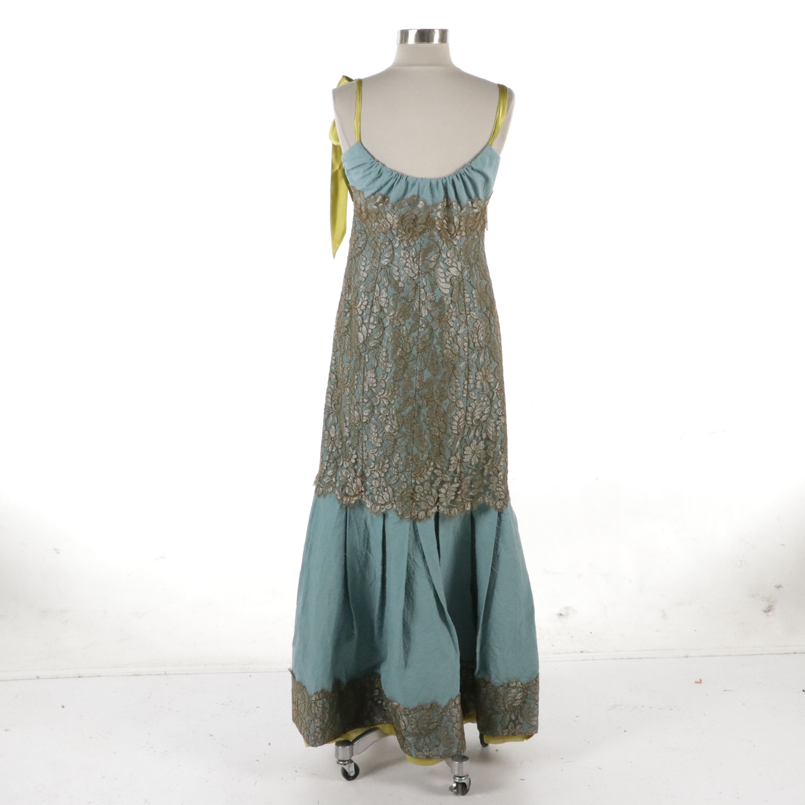 Lela Rose Teal Blue Crinkle Silk Blend Gown with Shimmery Olive Lace Overlay