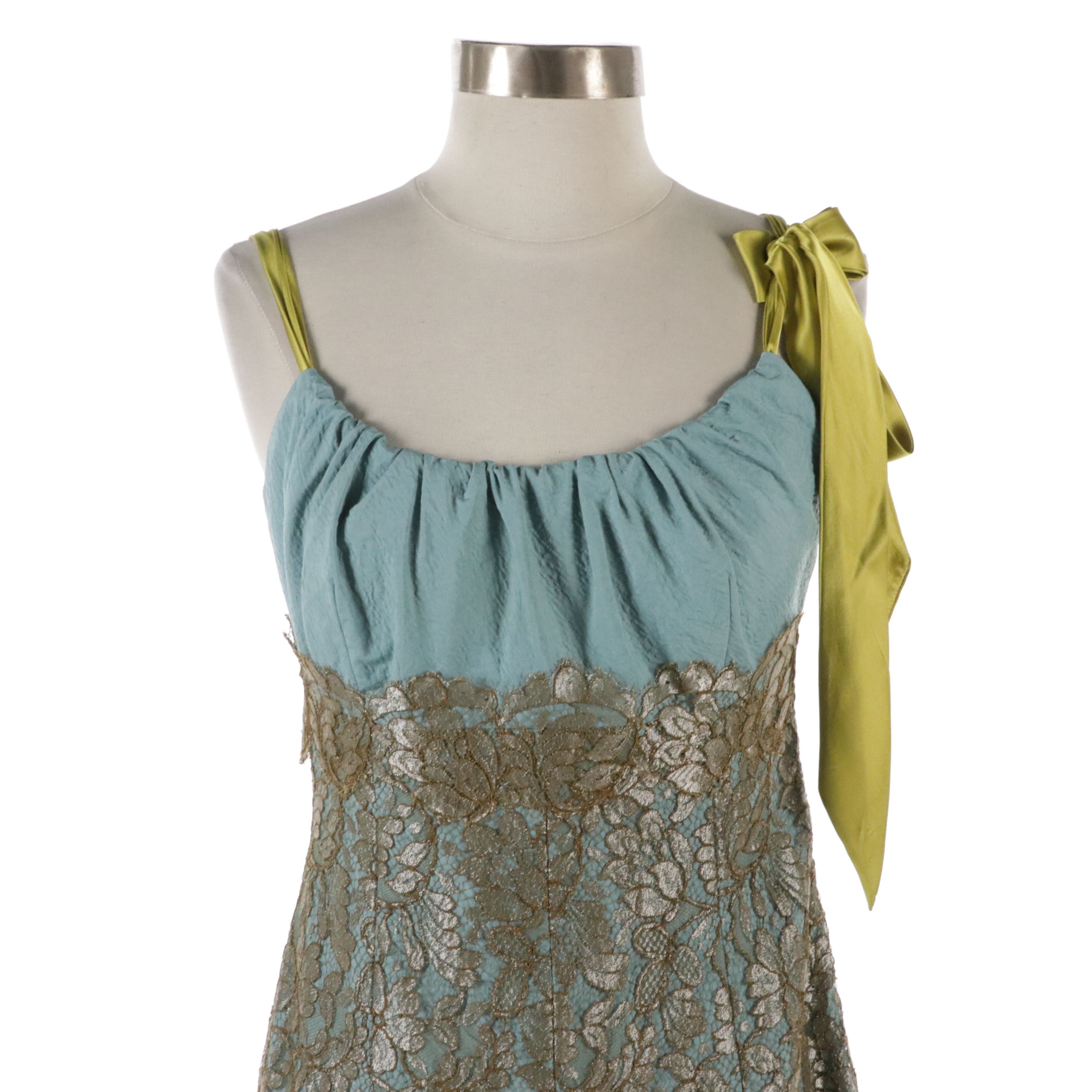 Lela Rose Teal Blue Crinkle Silk Blend Gown with Shimmery Olive Lace Overlay