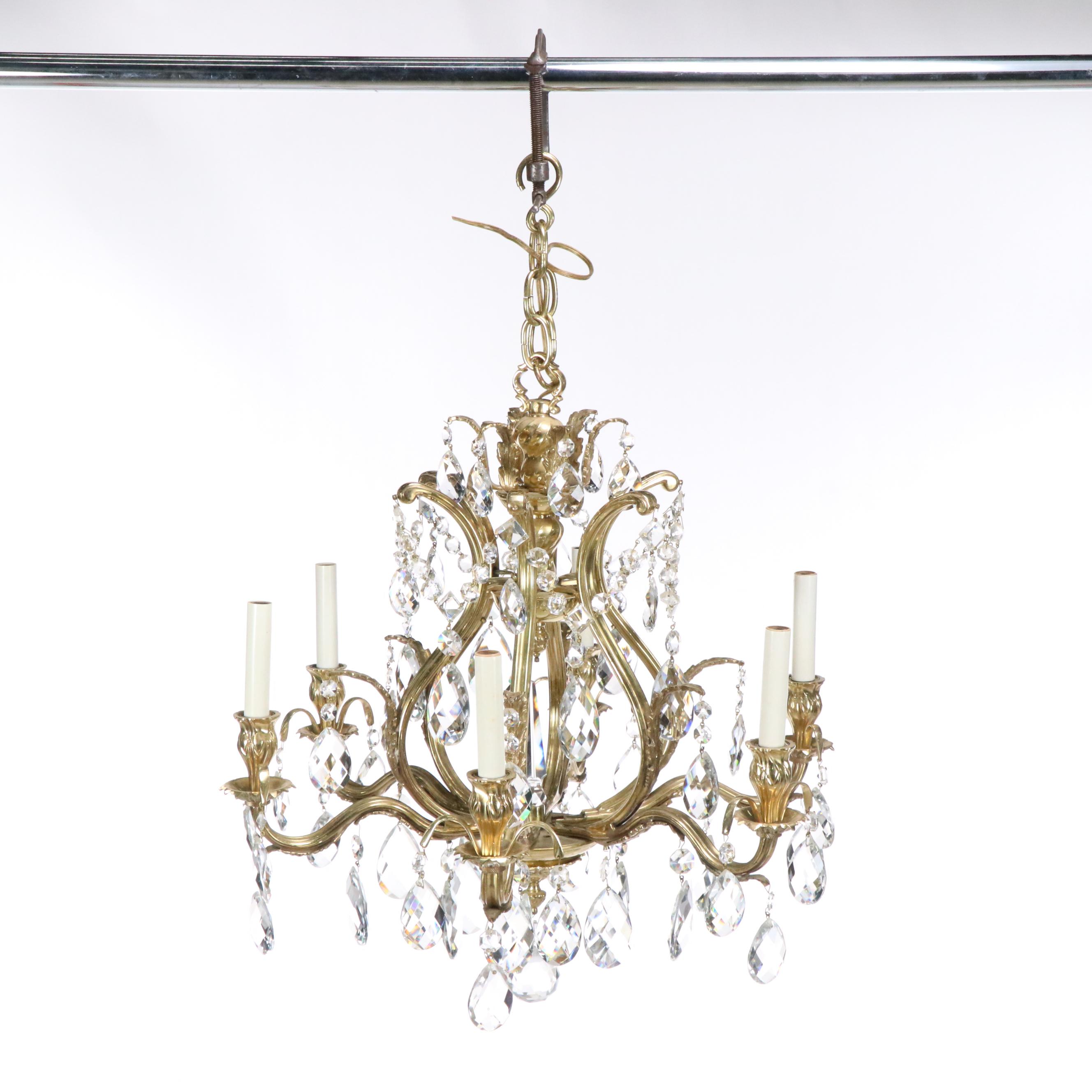 Baroque Style Six-Arm Gilt Finish Crystal Chandelier