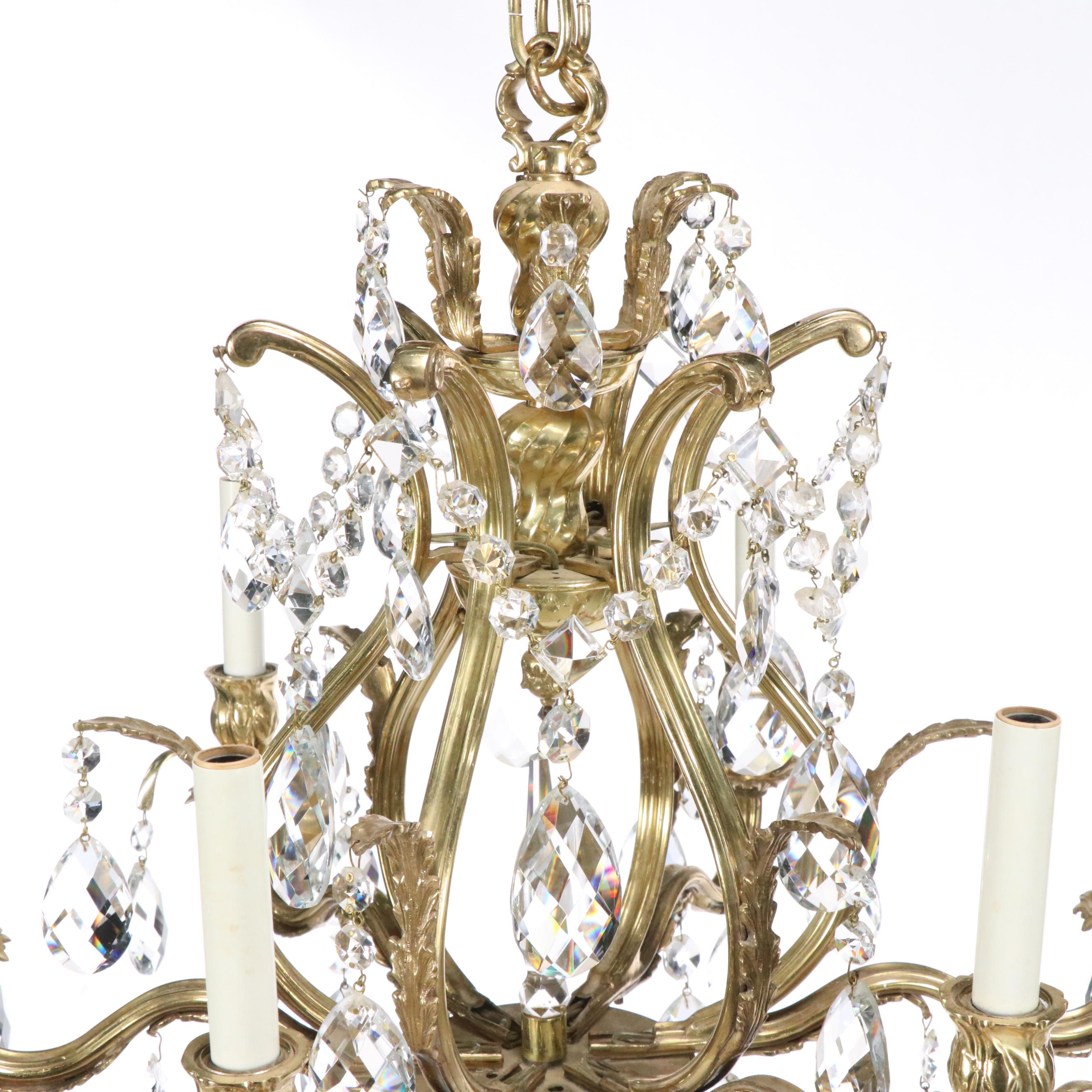 Baroque Style Six-Arm Gilt Finish Crystal Chandelier