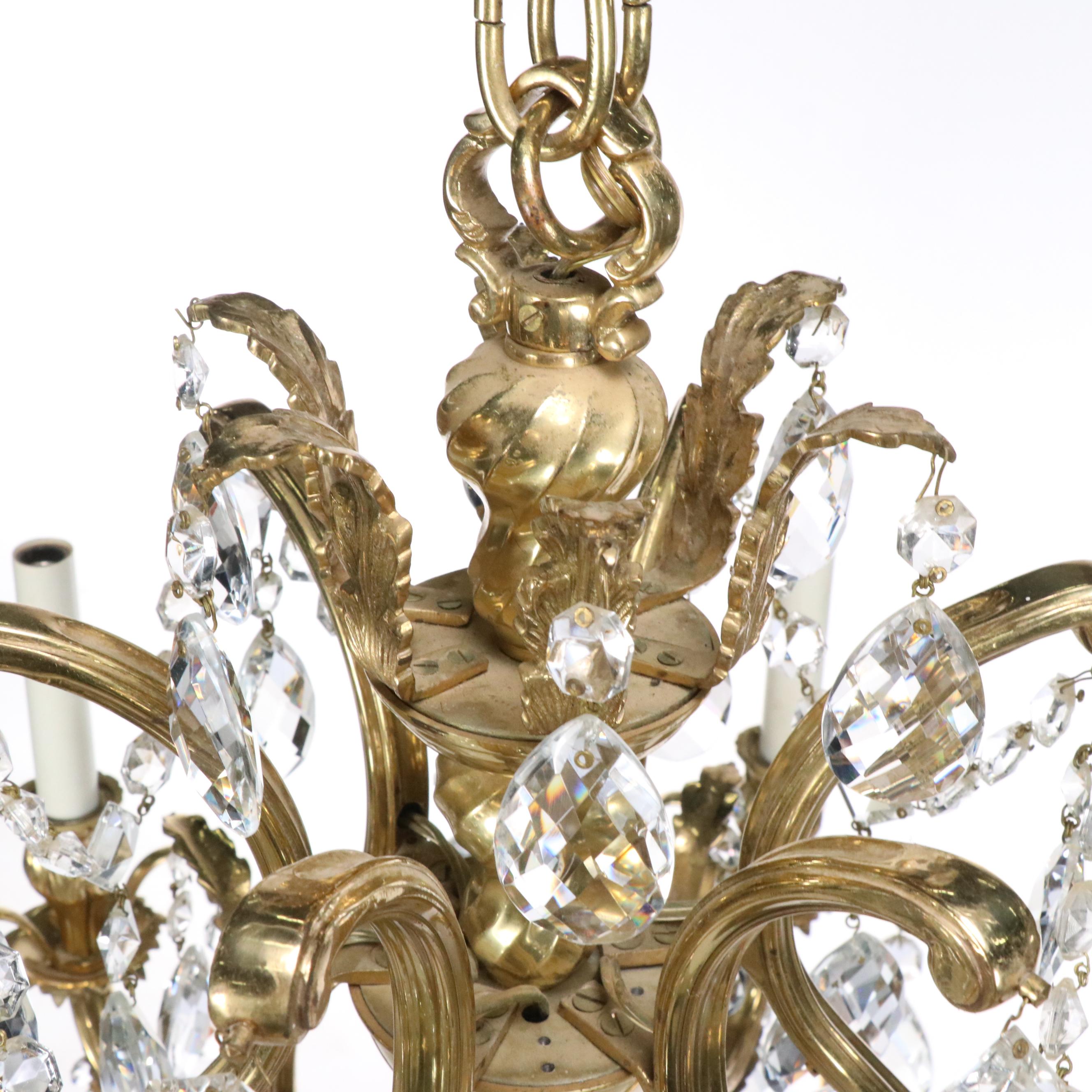 Baroque Style Six-Arm Gilt Finish Crystal Chandelier