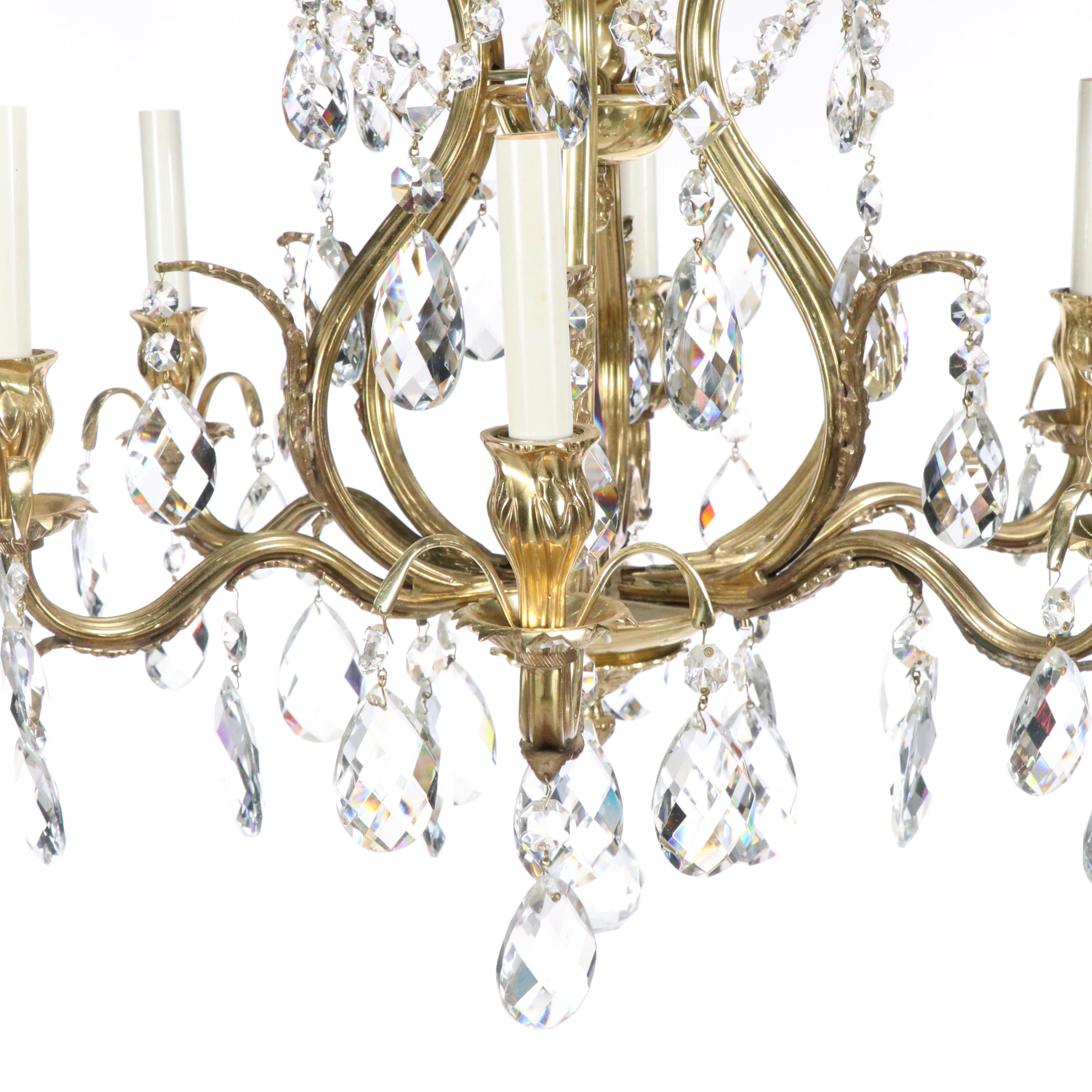 Baroque Style Six-Arm Gilt Finish Crystal Chandelier