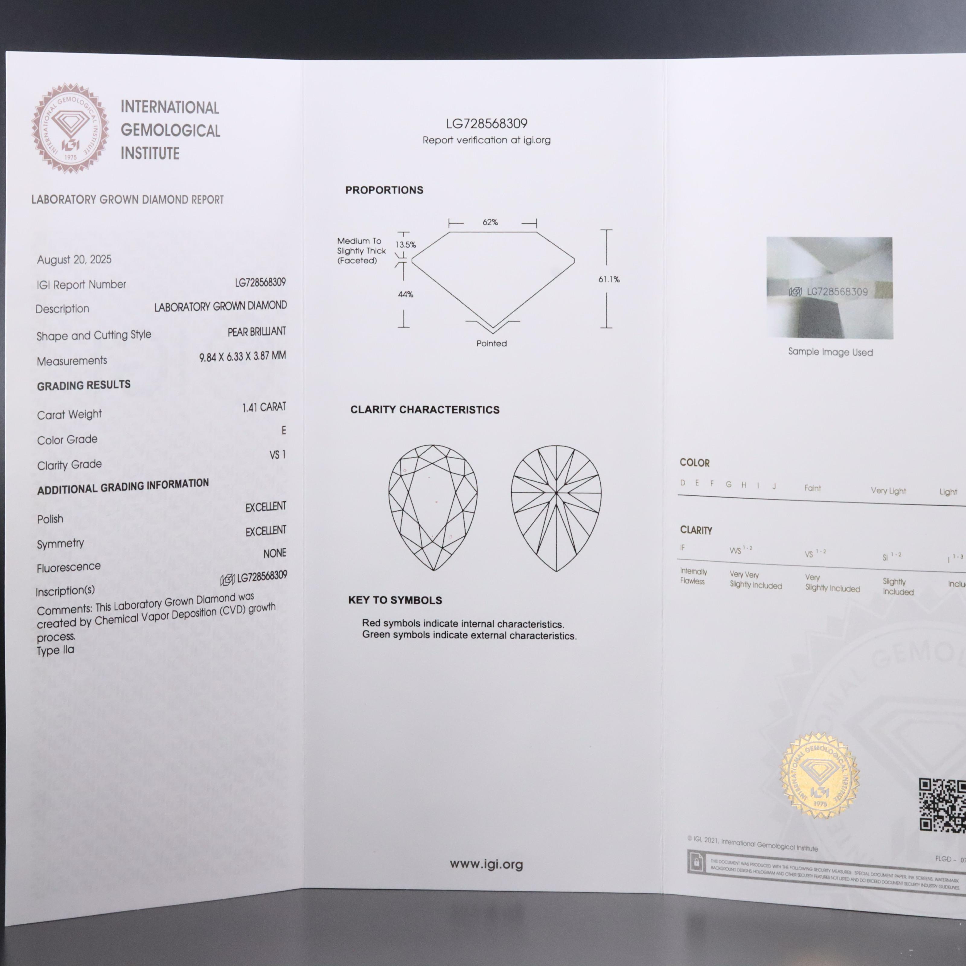 Loose 1.41 CT Lab Grown Diamond with IGI Report