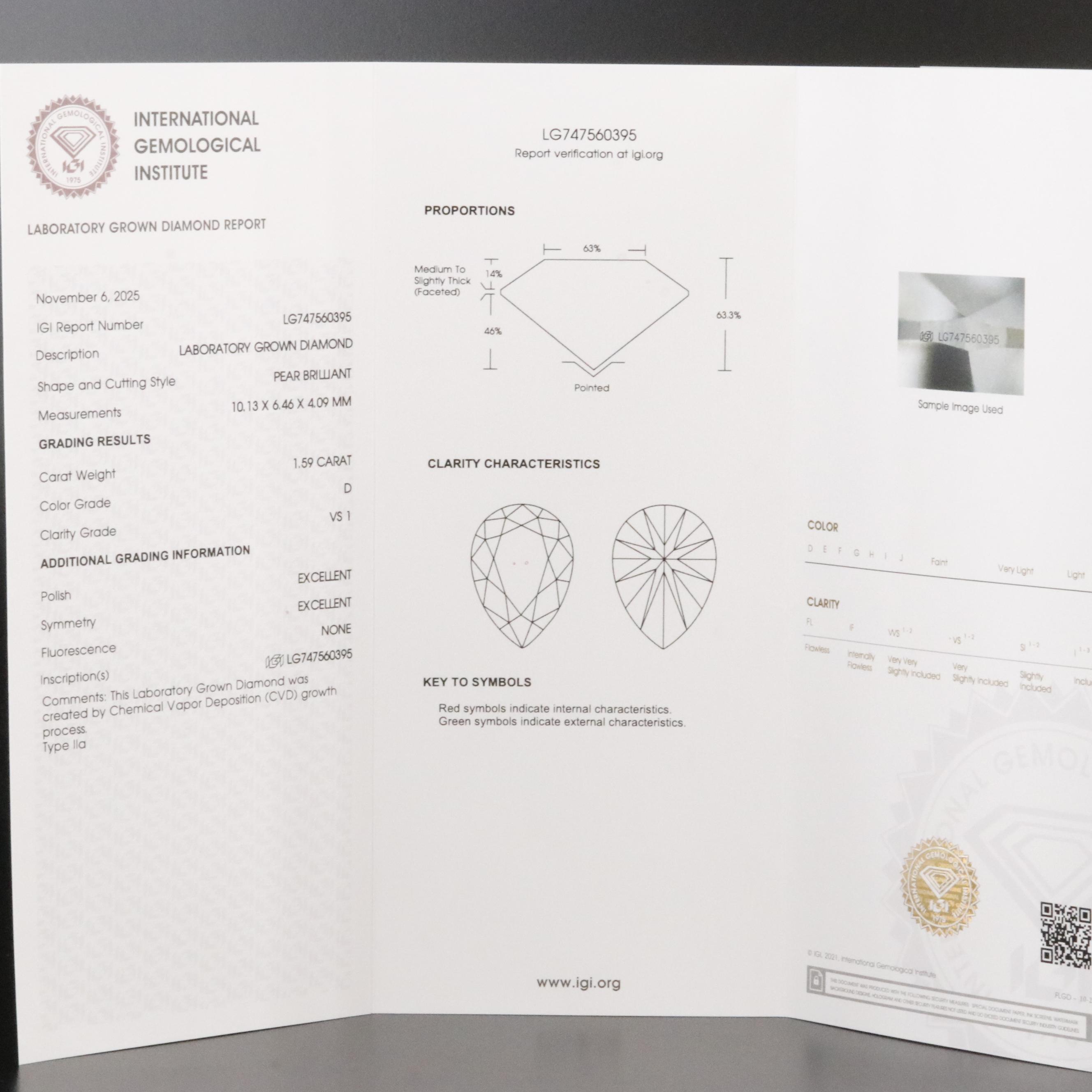 Loose 1.59 CT Lab Grown Diamond with IGI Report