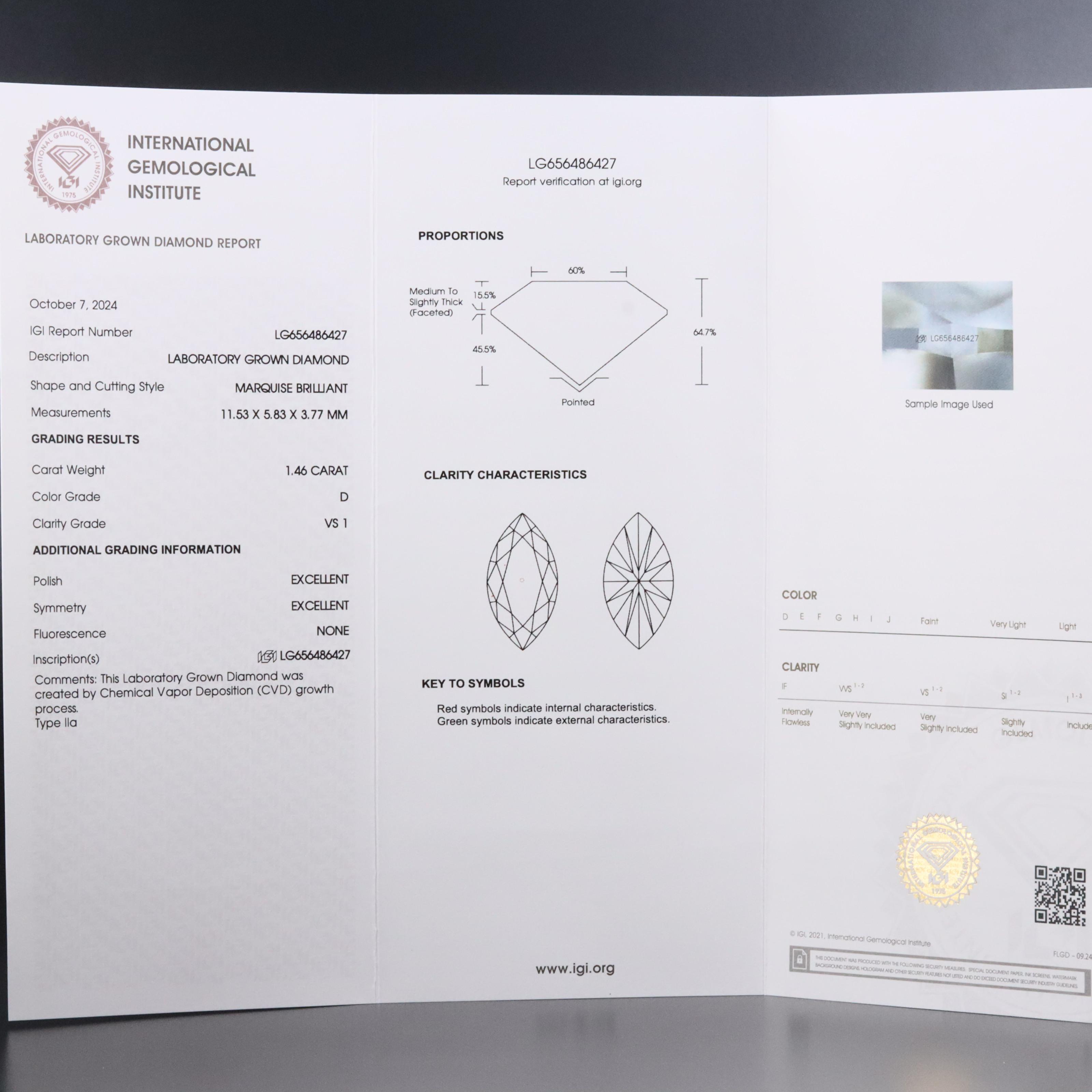 Loose 1.46 CT Lab Grown Diamond with IGI Report