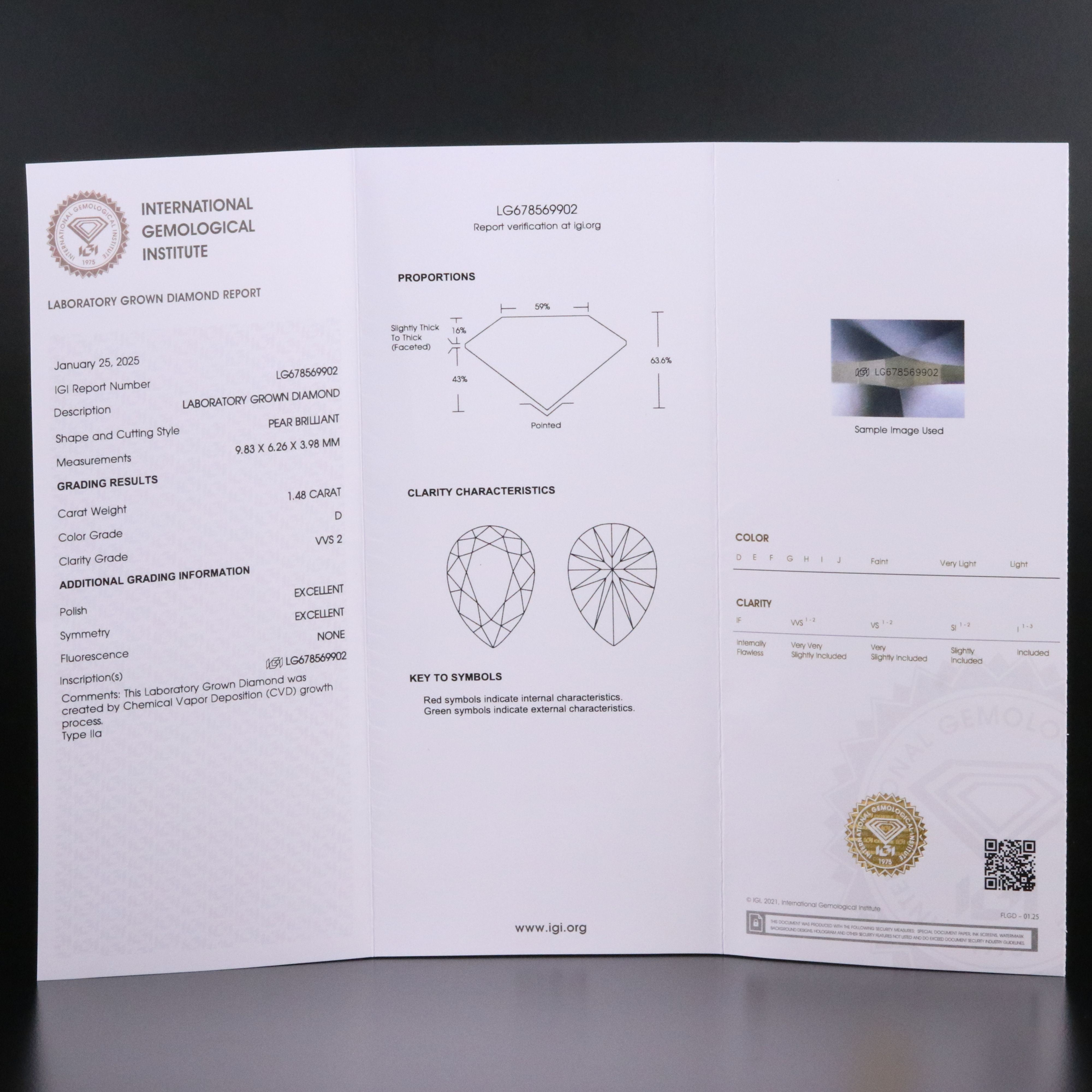 Loose 1.48 CT Lab Grown Diamond with IGI Report