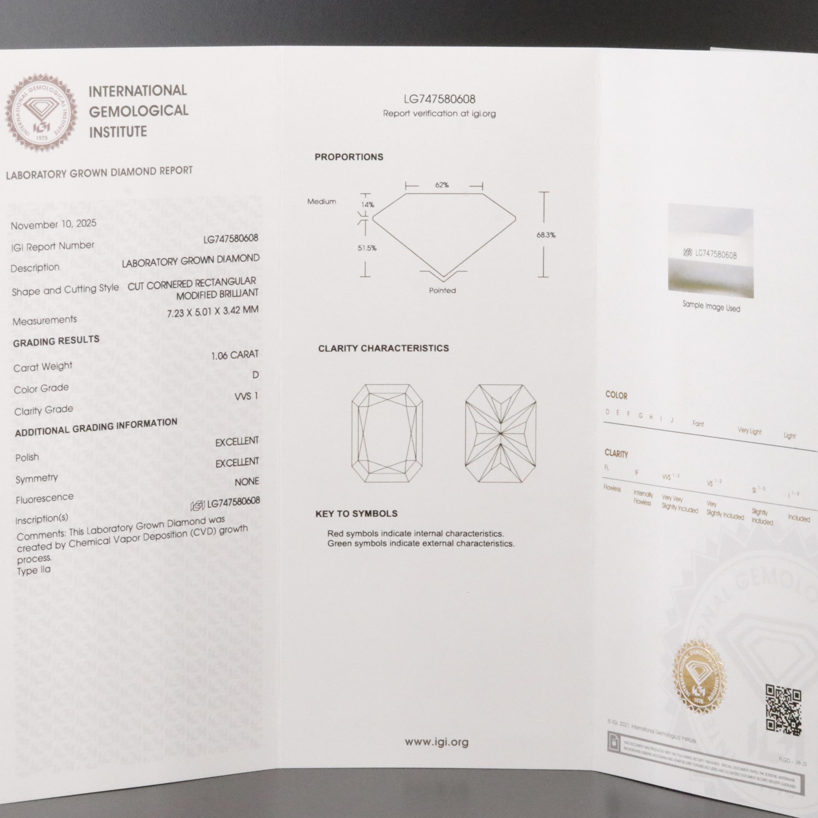 Loose 1.06 CT Lab Grown Diamond with IGI Report