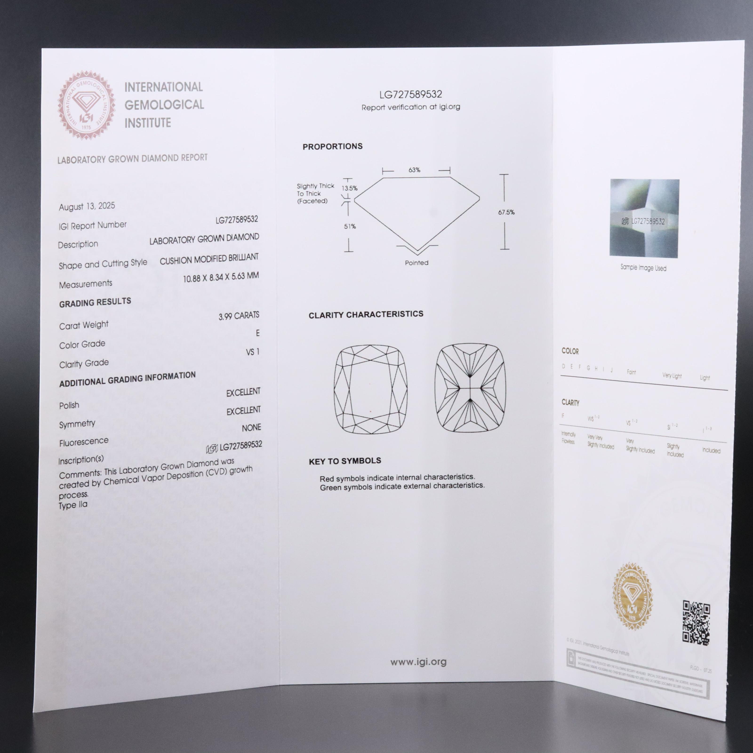 Loose 3.99 CT Lab Grown Diamond with IGI Report