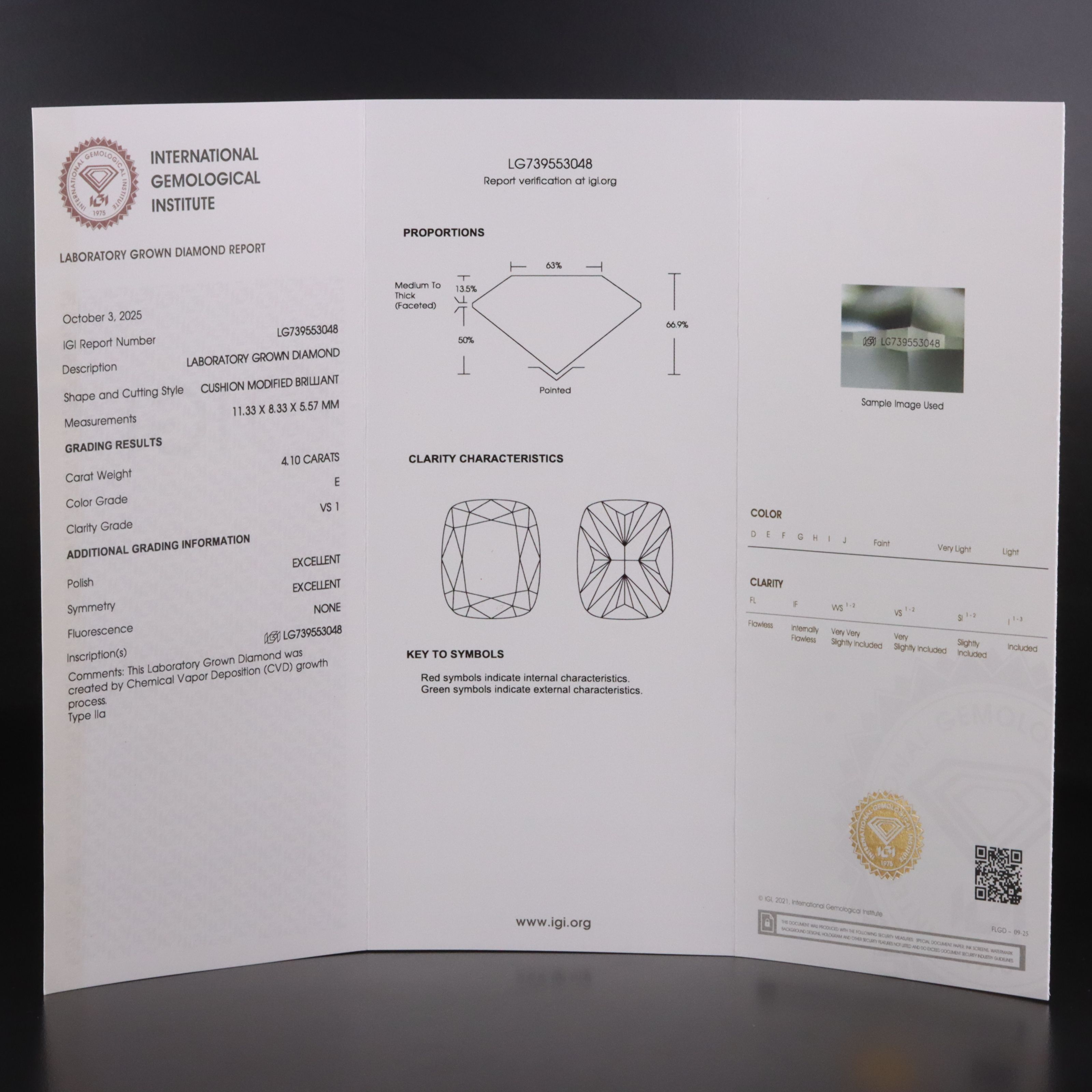 Loose 4.10 CT Lab Grown Diamond with IGI Report