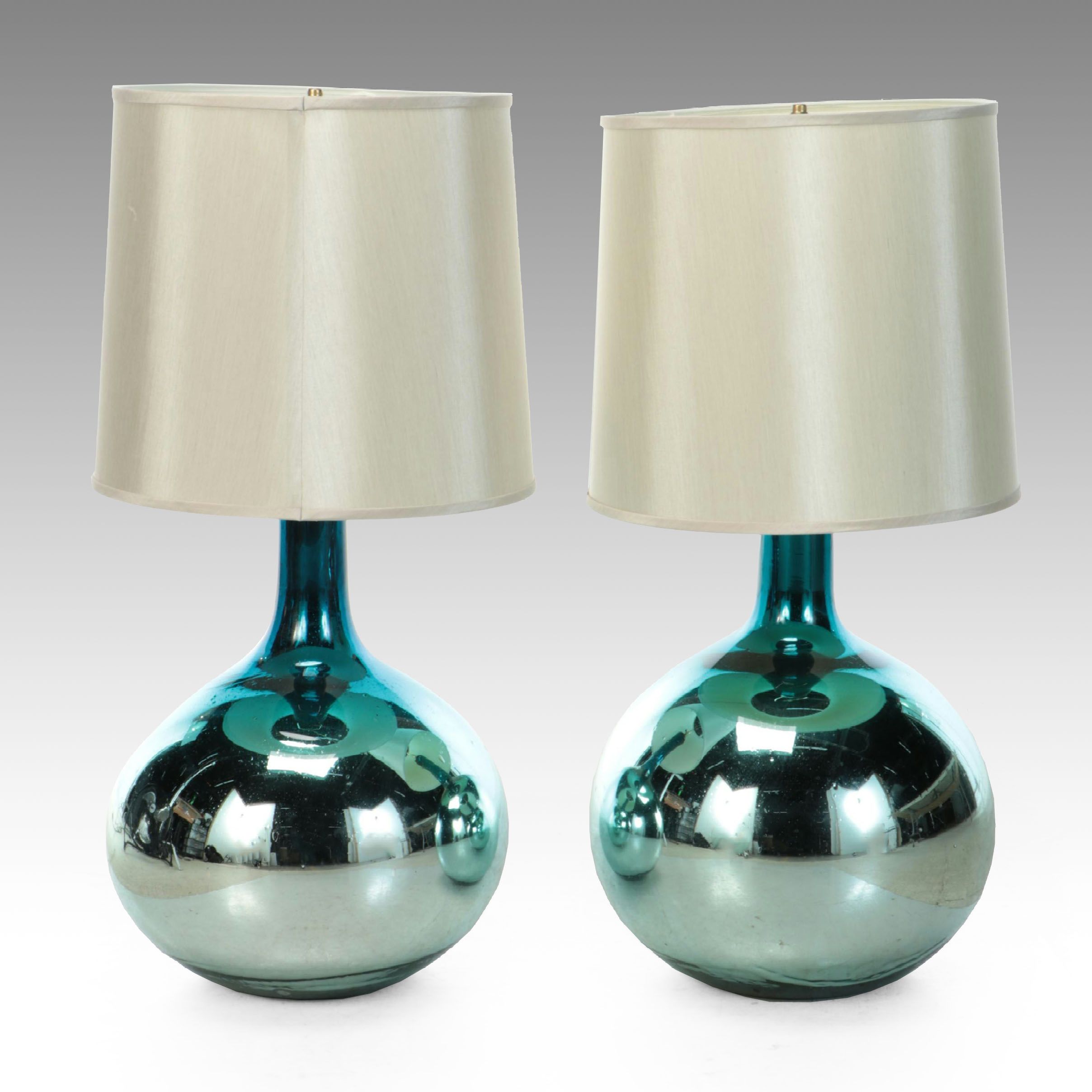 Teal Mercury Glass Table Lamps with Silk Shades