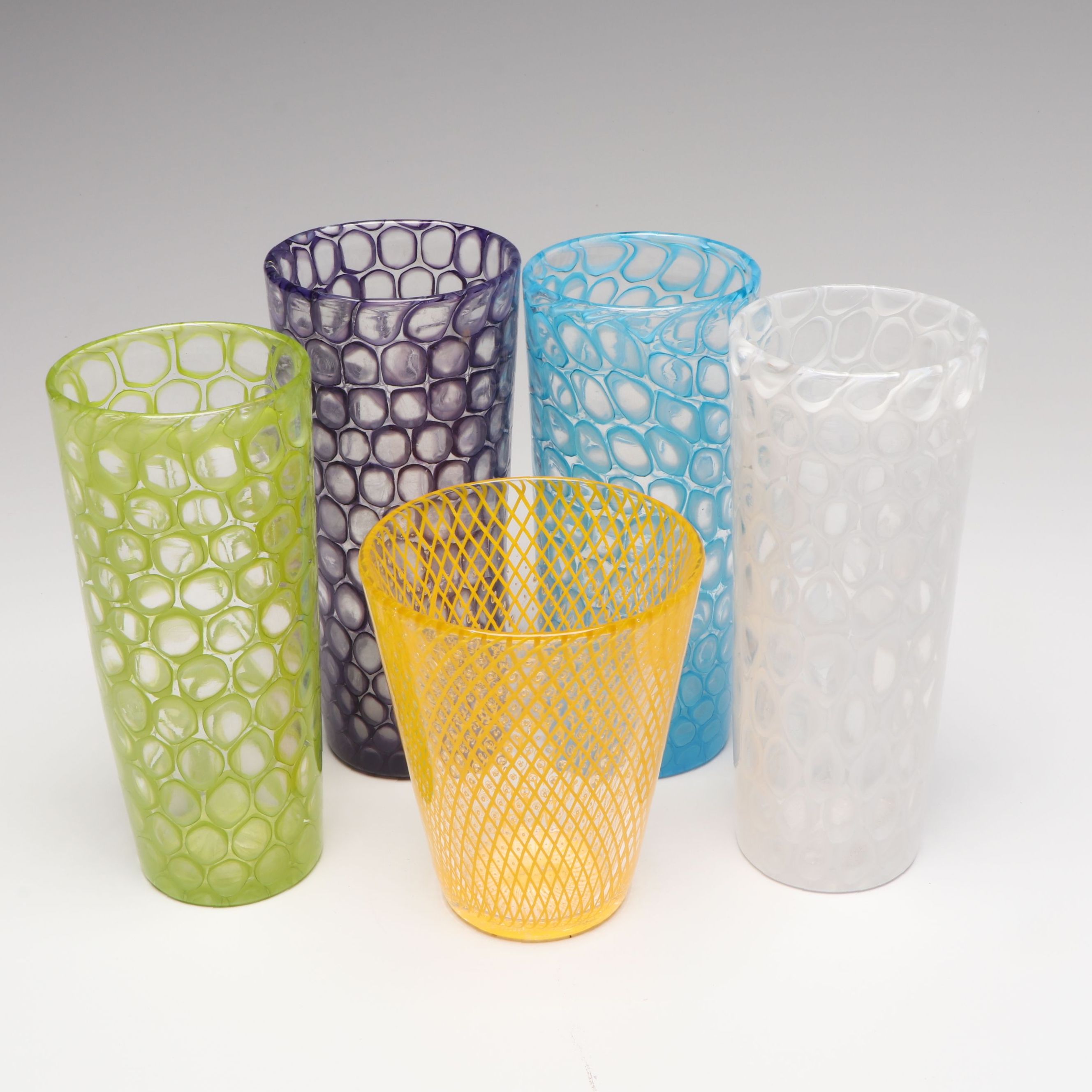 Sam Stang Studio Glass Reticello Bullicante Cup and Glass Tumblers