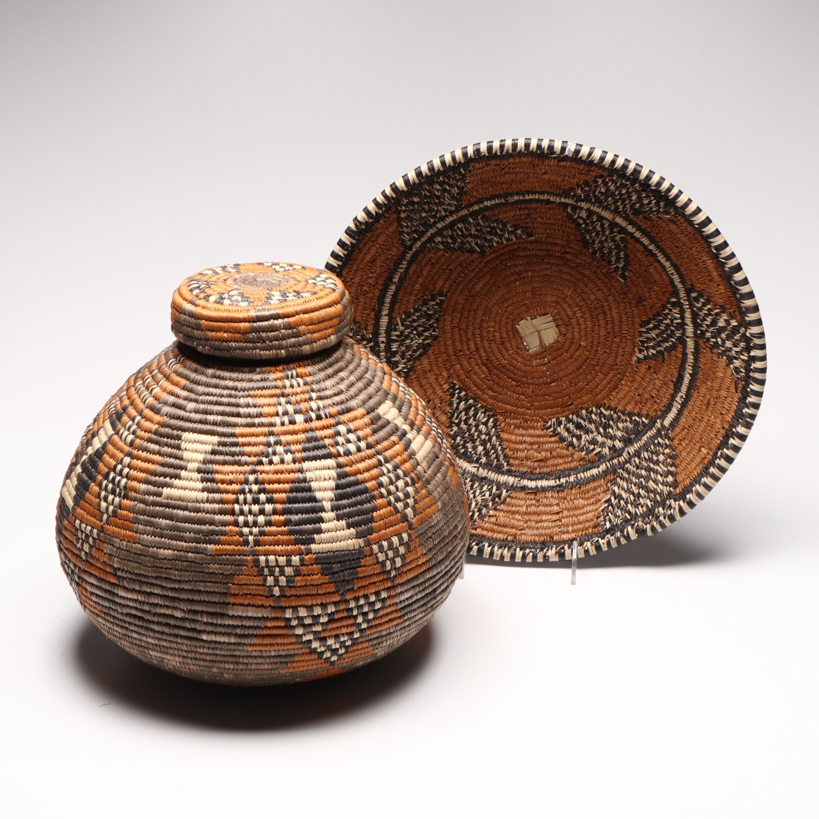 South African Zulu Peoples Ilala Palm Lidded Container and Basket