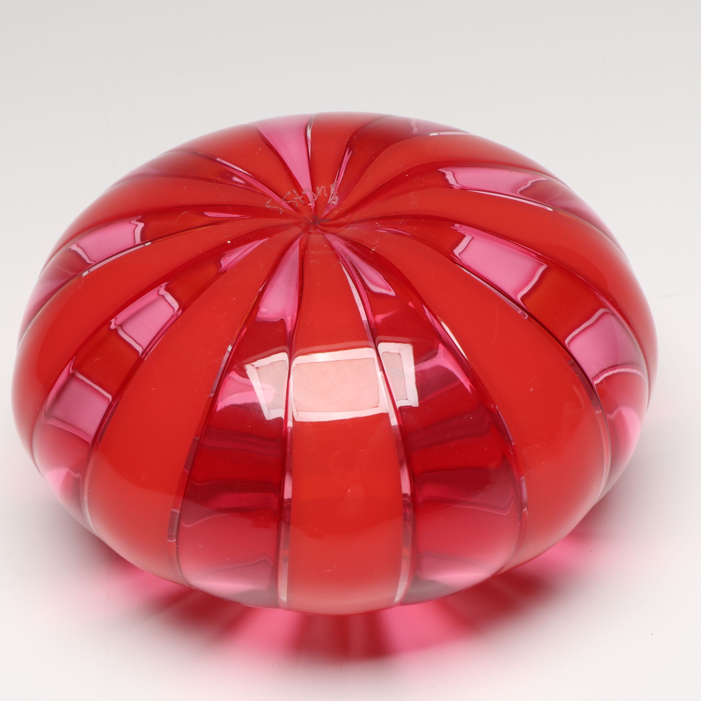 Sam Stang Signed Cane Pattern Blown Glass Vase with Other Art Glass Paperweight