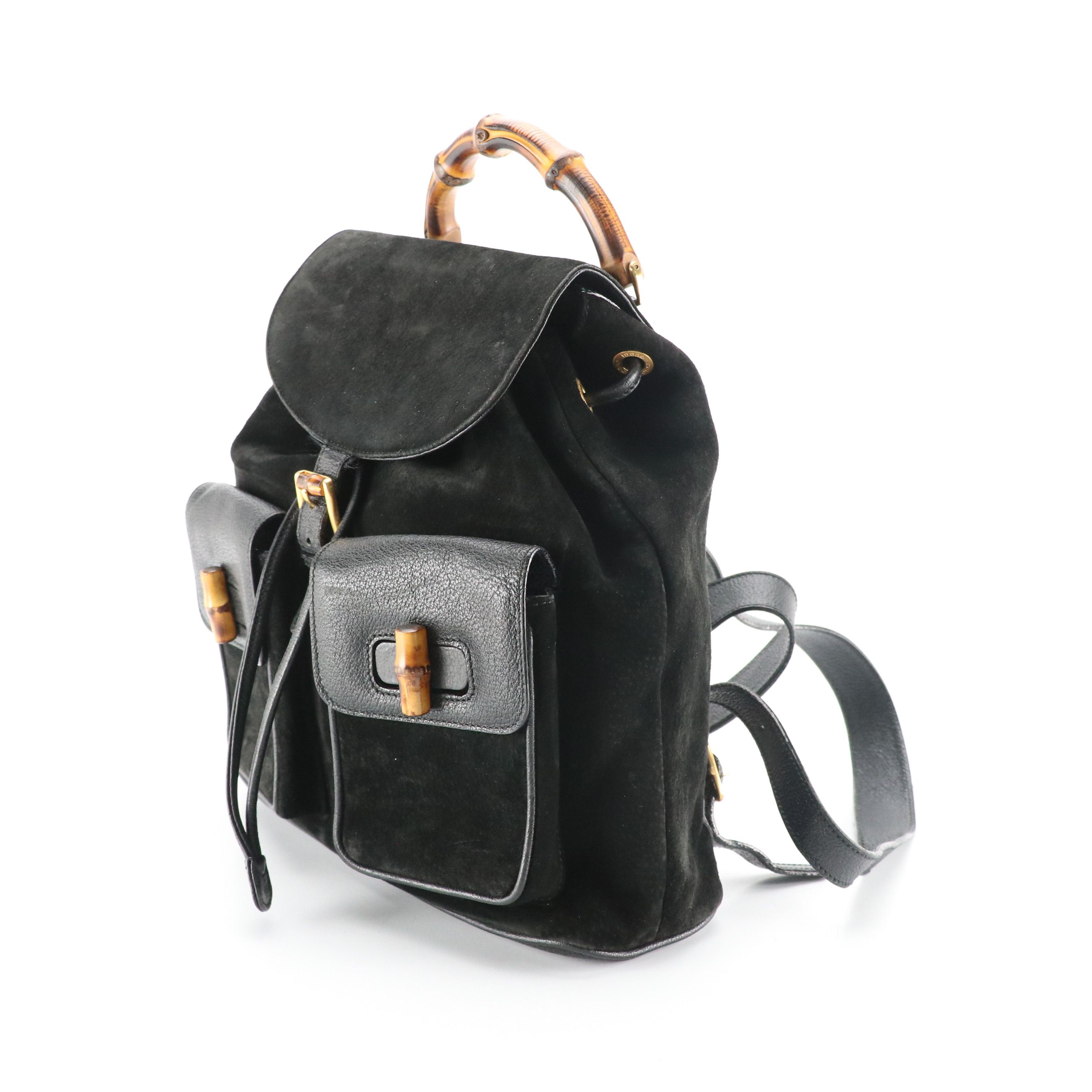 Gucci Black Suede Bamboo Handle Backpack with Grained Leather Trim