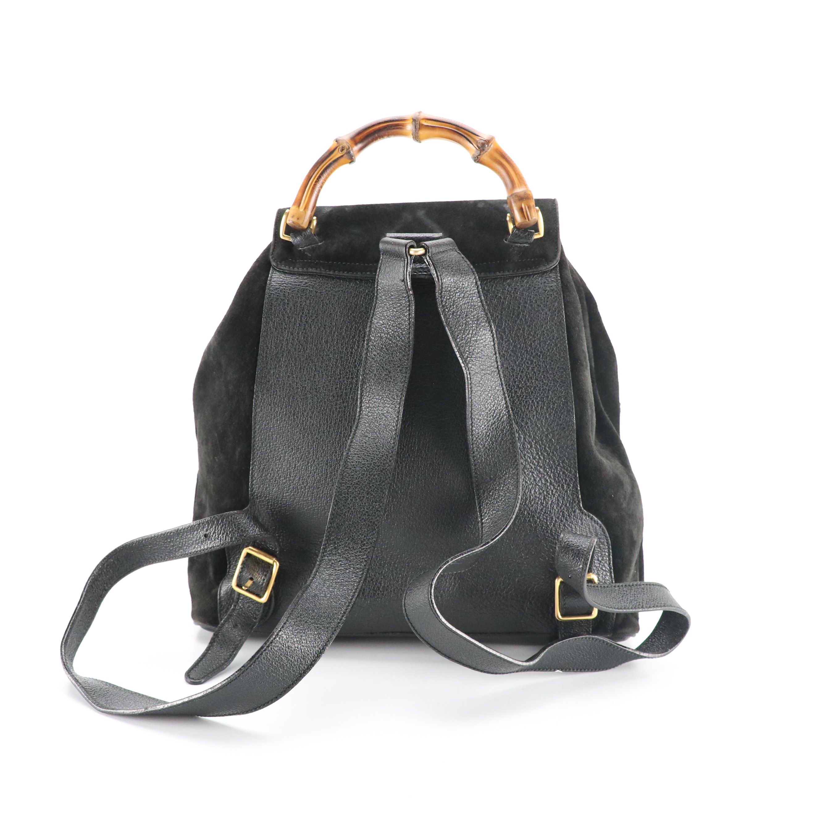 Gucci Black Suede Bamboo Handle Backpack with Grained Leather Trim
