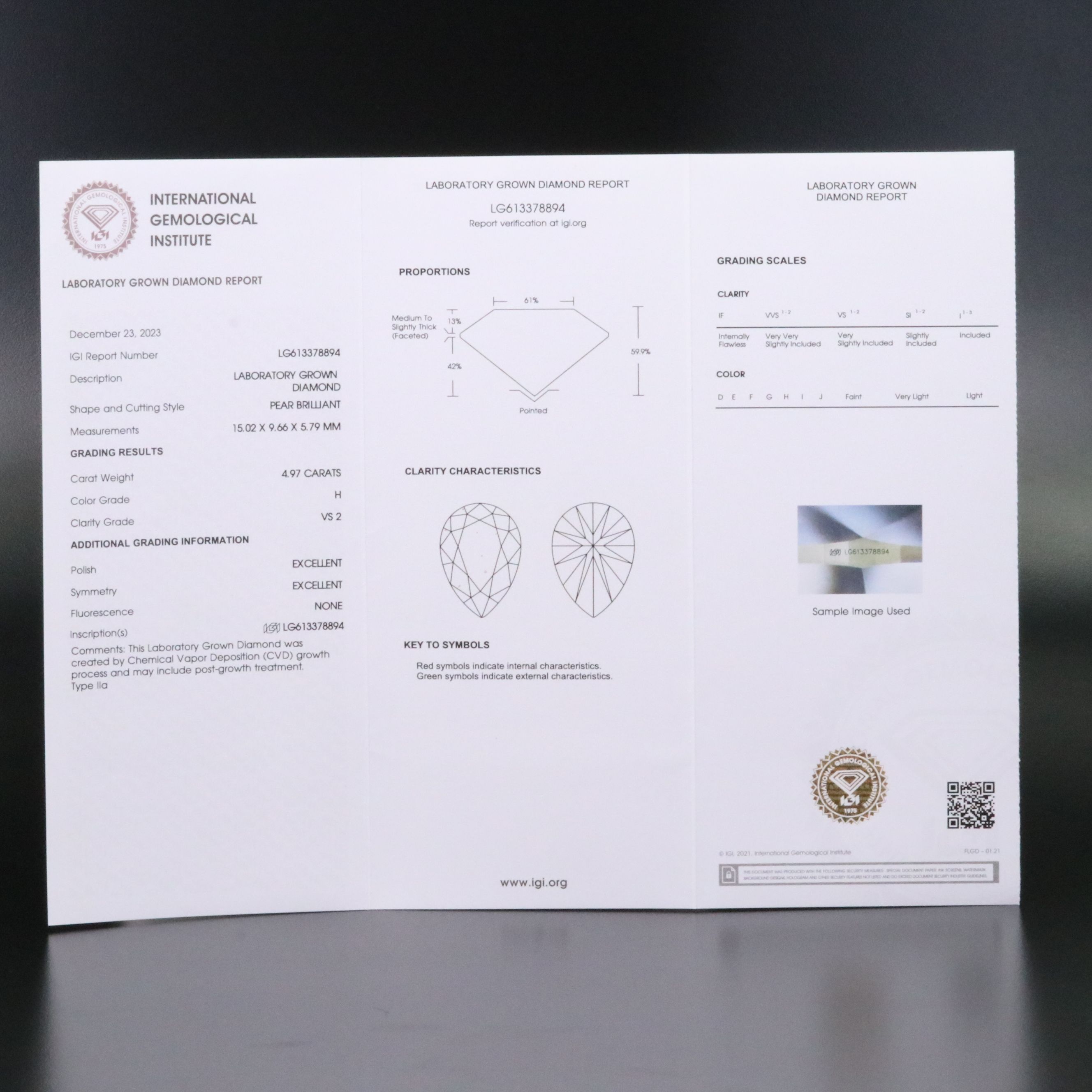 Loose 4.97 CT Lab Grown Diamond with IGI Report